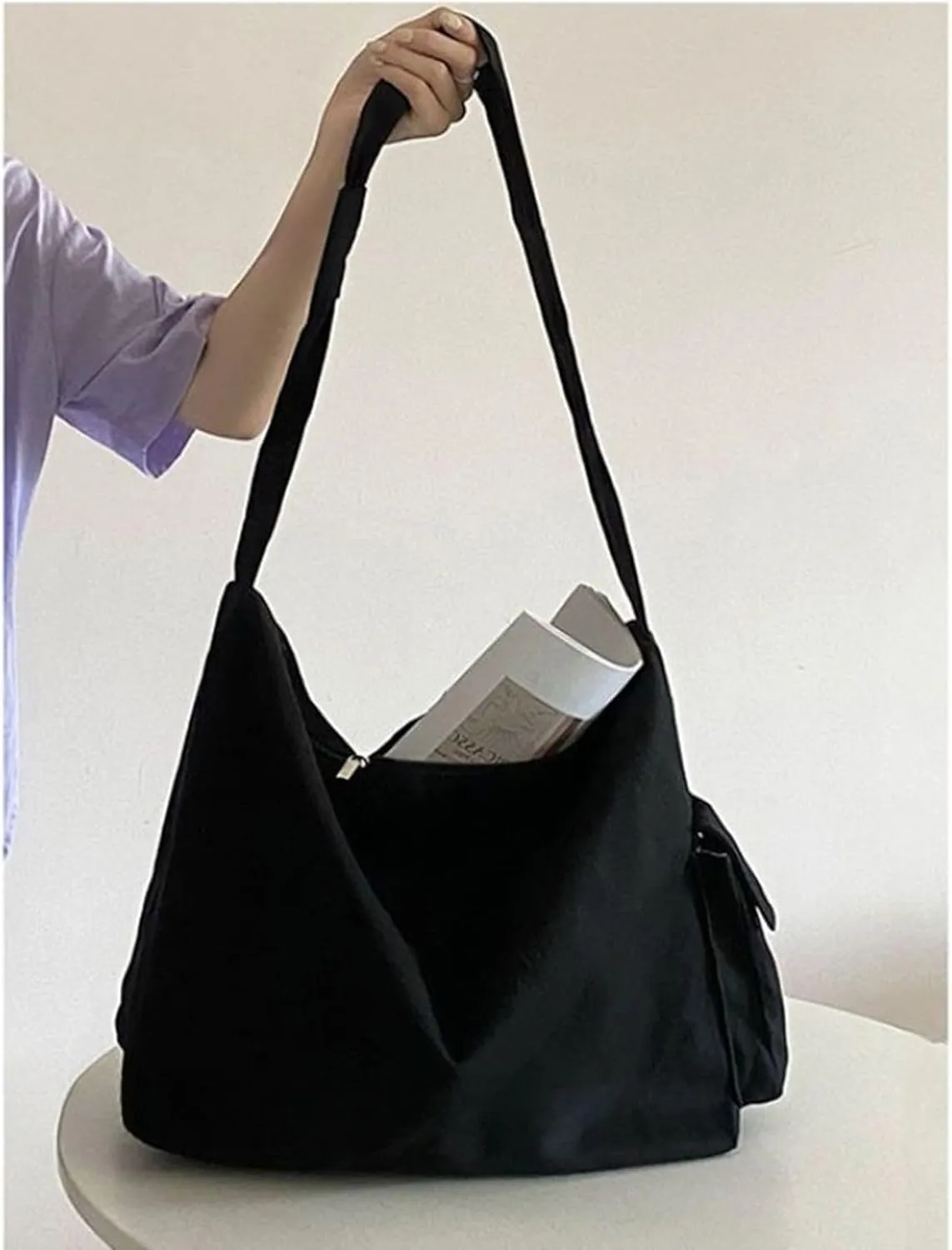 Canvas Crossbody Tote Bag for Women and Men Hobo Shoulder Bags Purse Black Beige Multi-pocket Casual Messenger Bag for Work