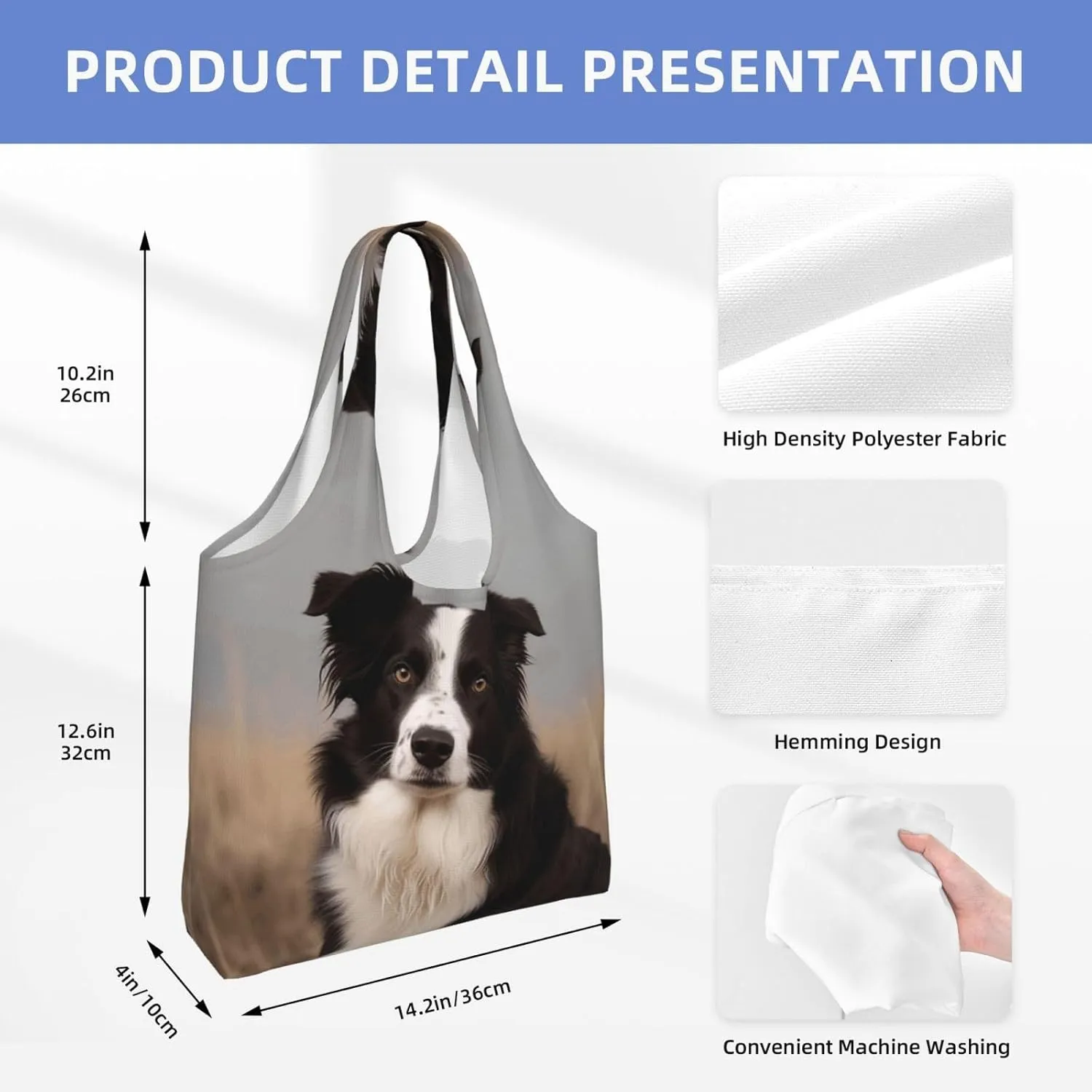 Canvas Tote Bag Reusable Grocery Bags Lightweight Handbag Border Collie Tote Bag for Shopping Cloth Bags