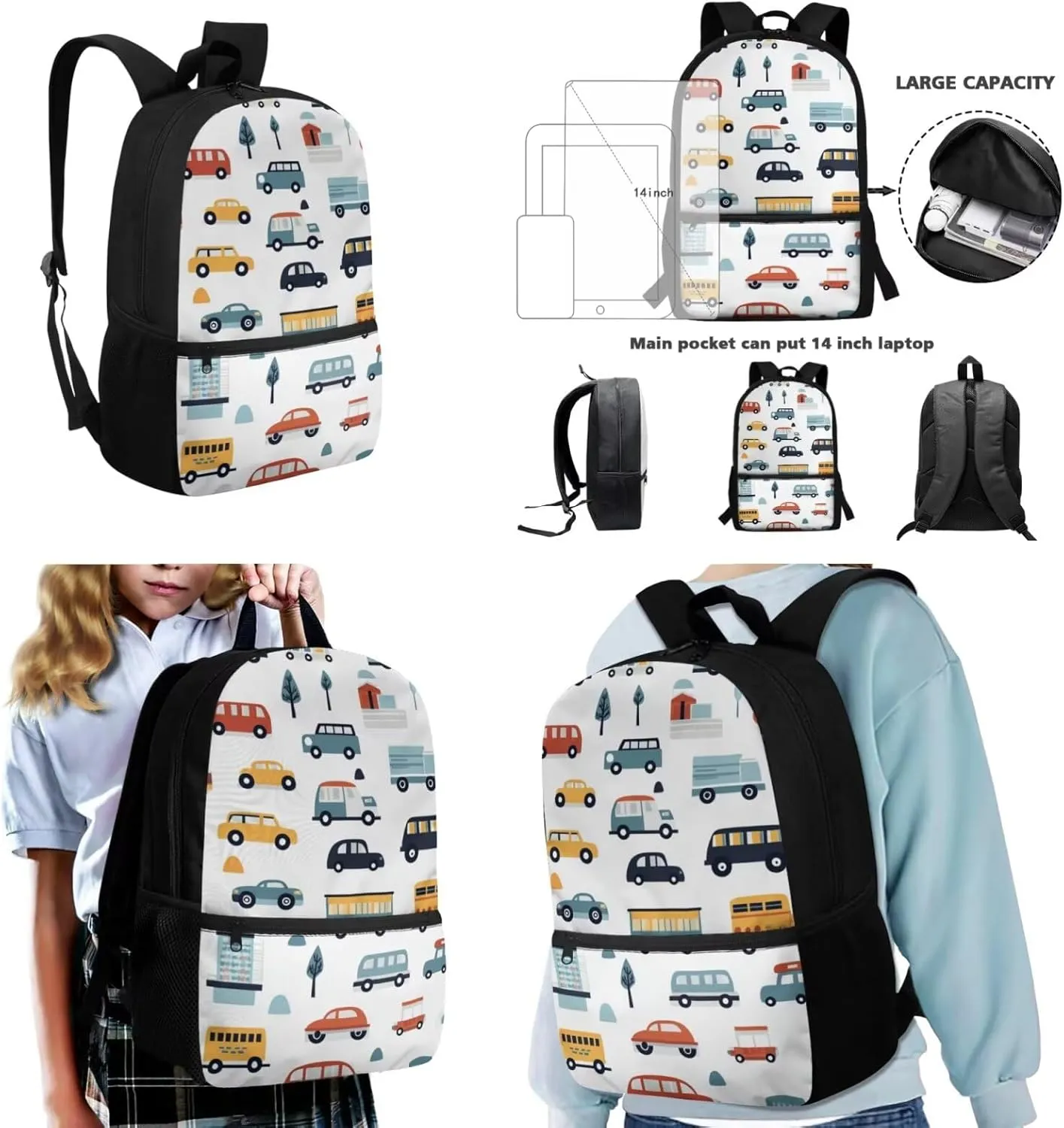 Car Backpack for Boys Lightweight 17 Inch Bookbag for Boys 8-12 with Lunch Box 3 in 1 Cool Practical Kids School Lunch Bag Classic Casual Hiking Rucksack