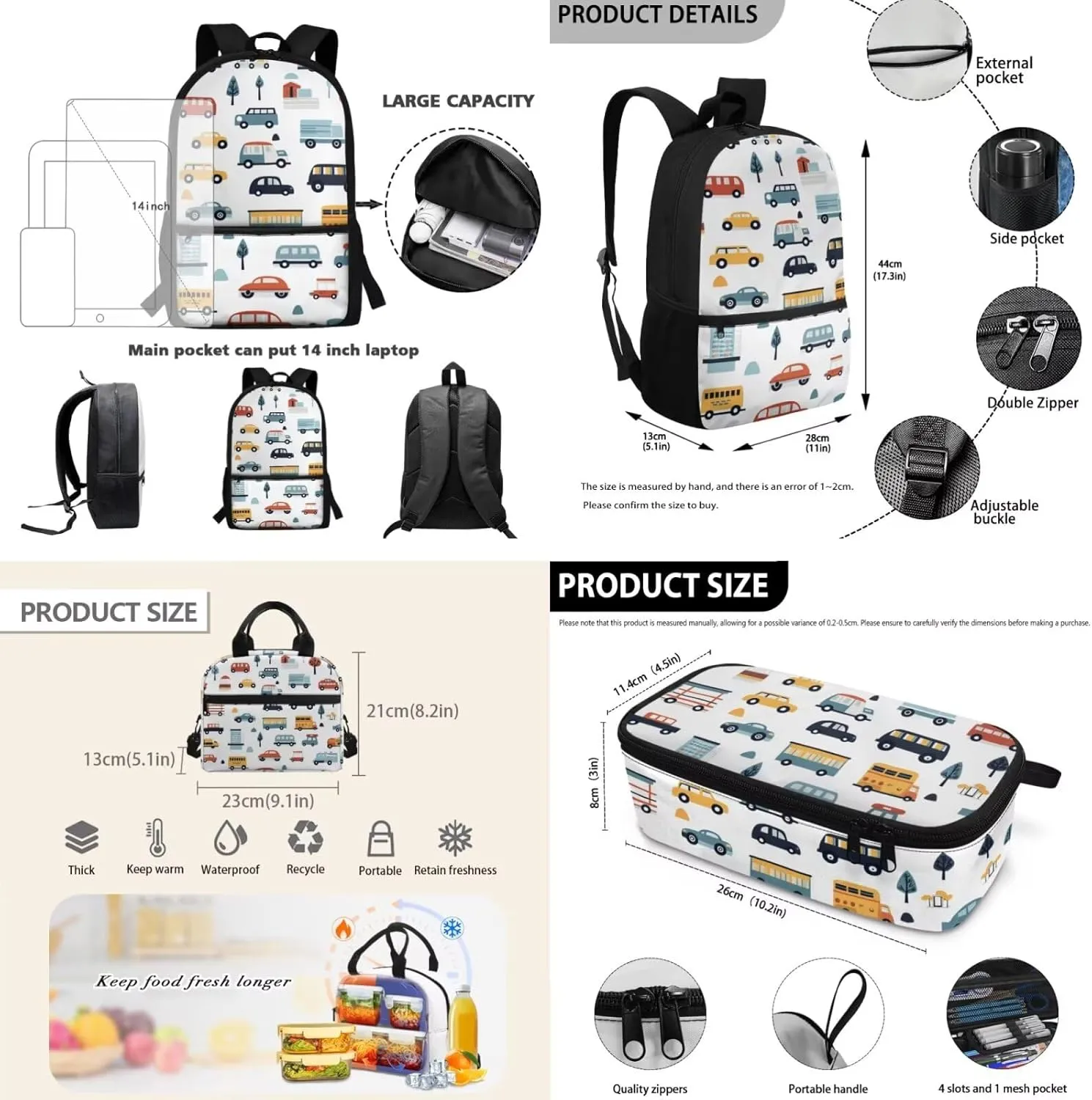 Car Backpack for Boys Lightweight 17 Inch Bookbag for Boys 8-12 with Lunch Box 3 in 1 Cool Practical Kids School Lunch Bag Classic Casual Hiking Rucksack
