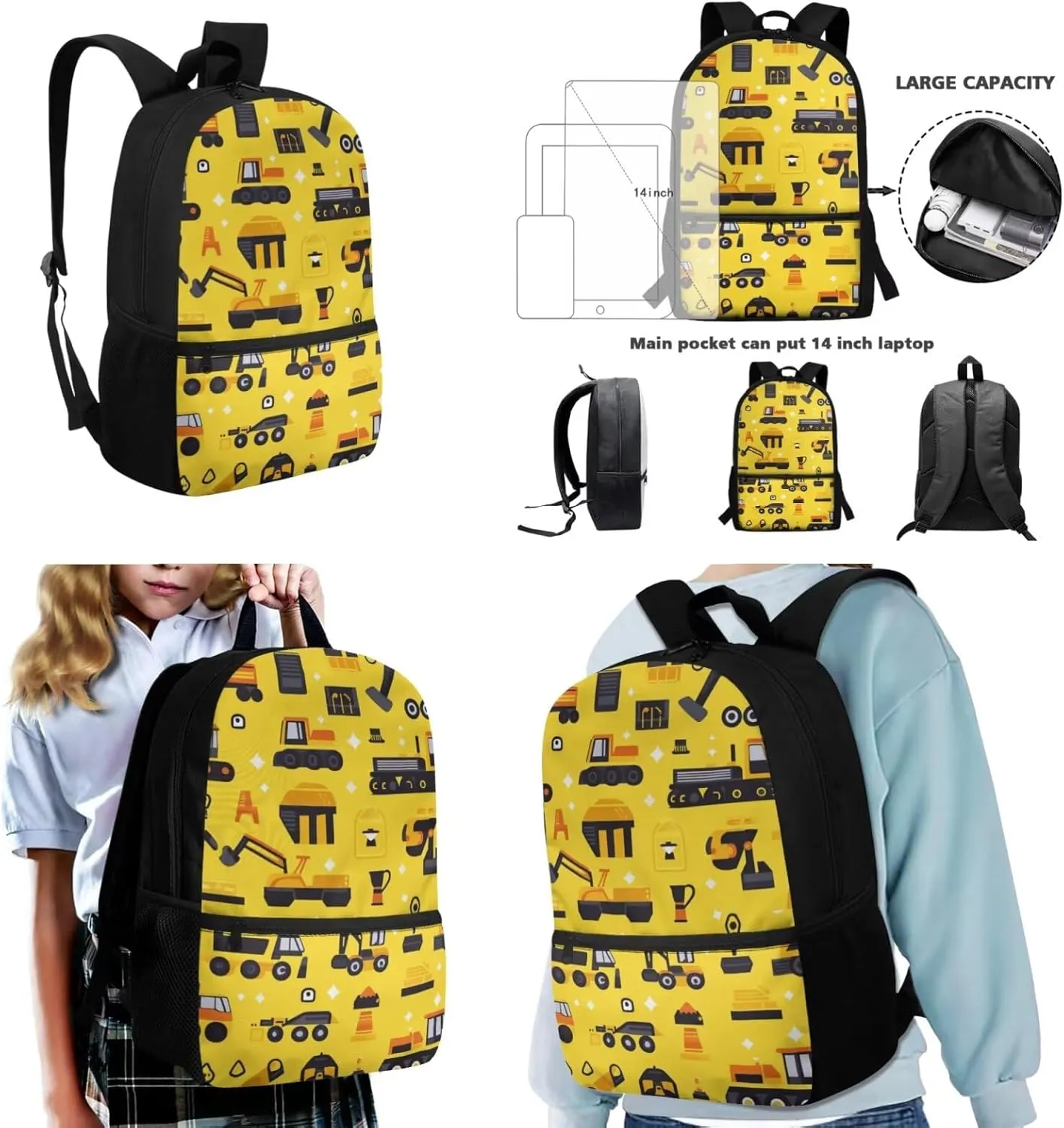 Car School Backpack for Kids Set of 3 Versatile Yellow Bookbag for Boys 5-7 with Lunch Box Lightweight Practical Kids Lunchbag for School 17 Inch Travel Knapsack