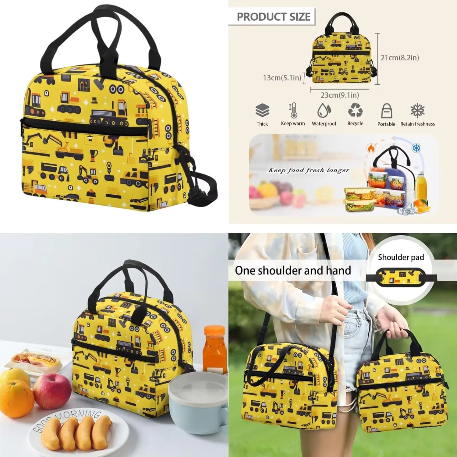 Car School Backpack for Kids Set of 3 Versatile Yellow Bookbag for Boys 5-7 with Lunch Box Lightweight Practical Kids Lunchbag for School 17 Inch Travel Knapsack