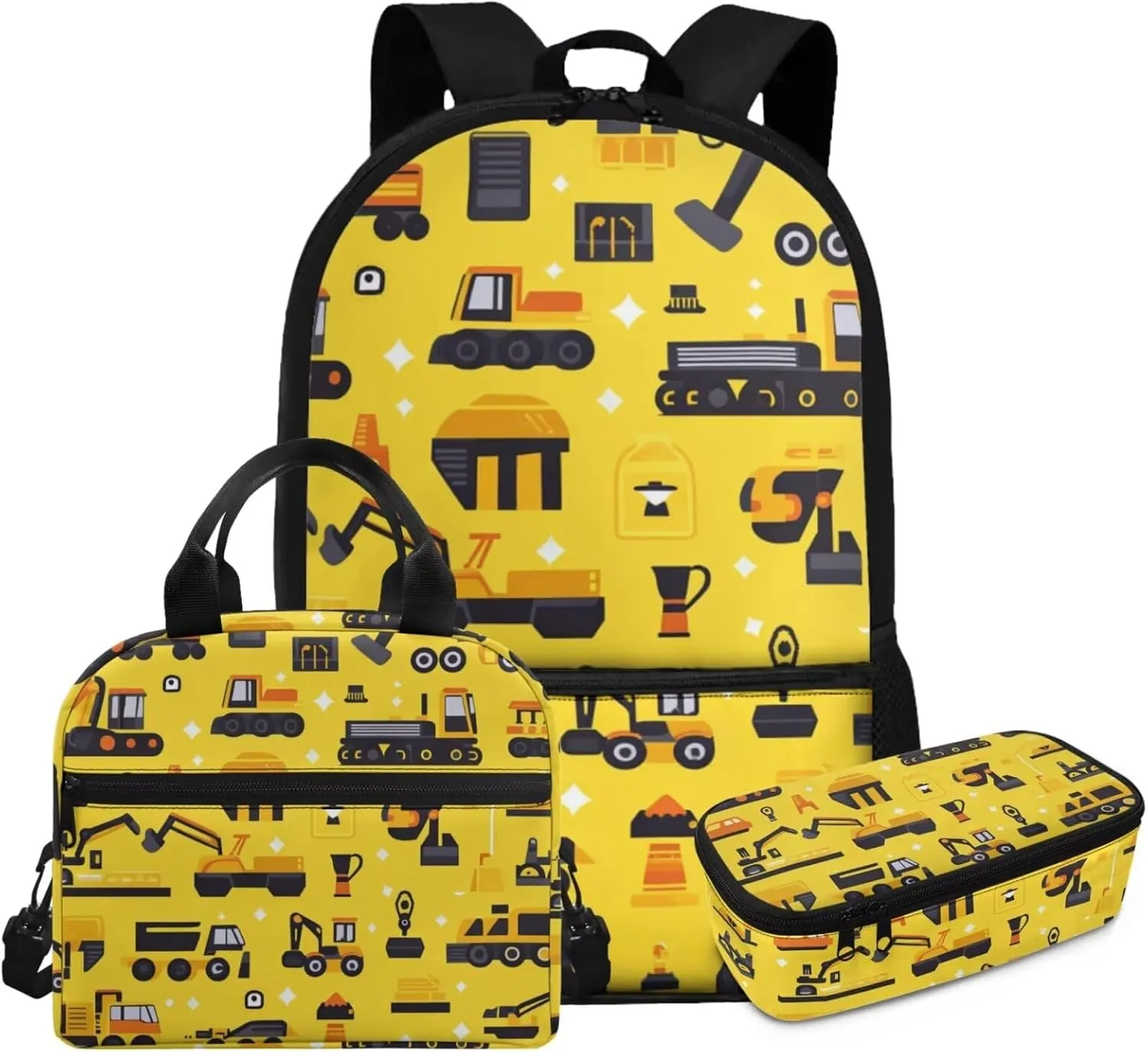 Car School Backpack for Kids Set of 3 Versatile Yellow Bookbag for Boys 5-7 with Lunch Box Lightweight Practical Kids Lunchbag for School 17 Inch Travel Knapsack