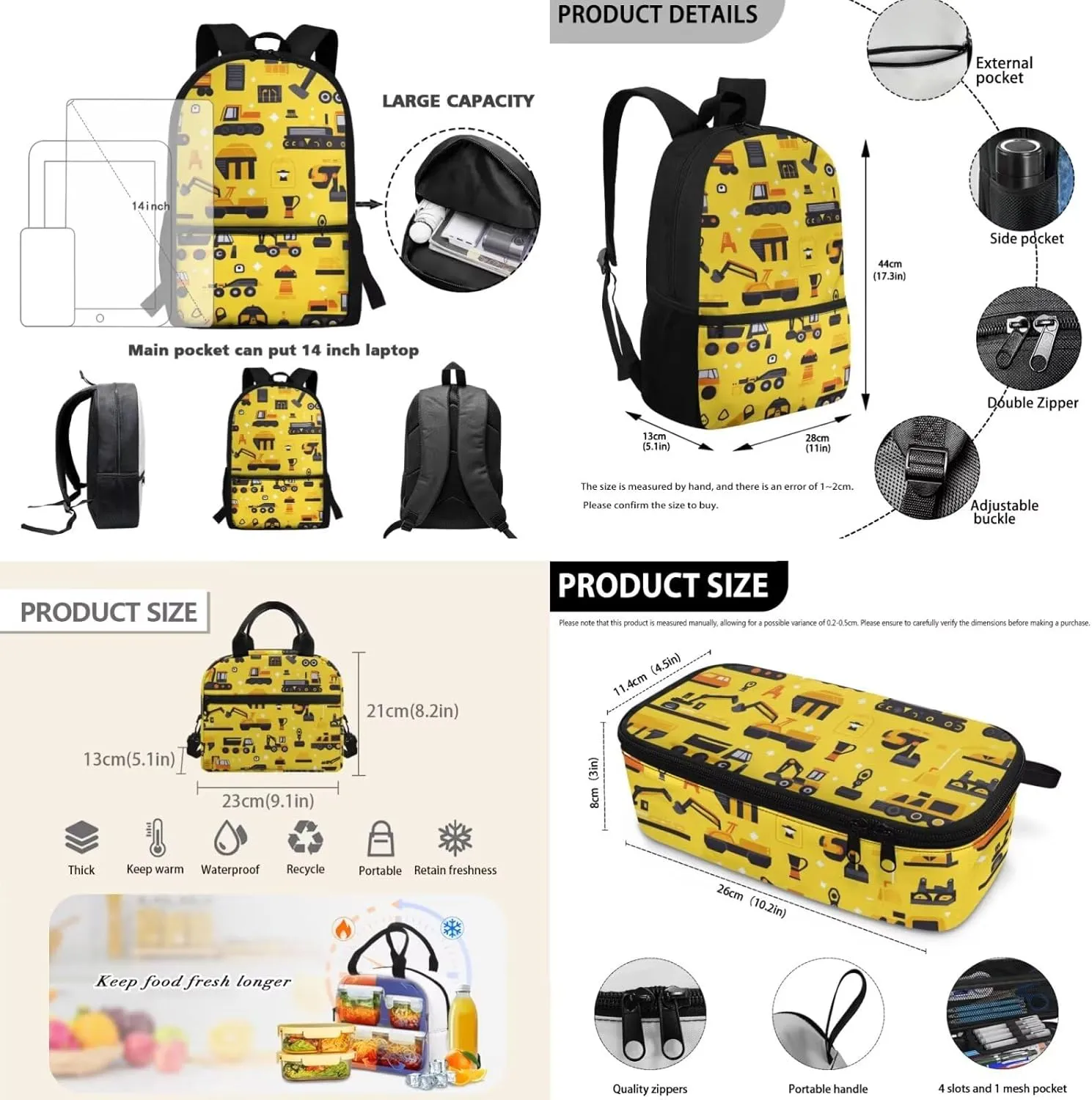 Car School Backpack for Kids Set of 3 Versatile Yellow Bookbag for Boys 5-7 with Lunch Box Lightweight Practical Kids Lunchbag for School 17 Inch Travel Knapsack