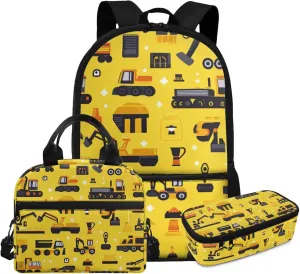 Car School Backpack for Kids Set of 3 Versatile Yellow Bookbag for Boys 5-7 with Lunch Box Lightweight Practical Kids Lunchbag for School 17 Inch Travel Knapsack