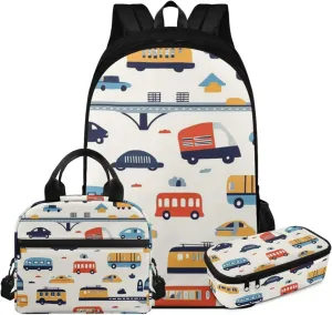 Cars Backpack for Toddler Boys Lightweight 17 Inch Boys Bookbag Age 6-8 with Lunch Box 3 in 1 Practical Trendy Pencil Case with Zipper Casual Travel Daypack