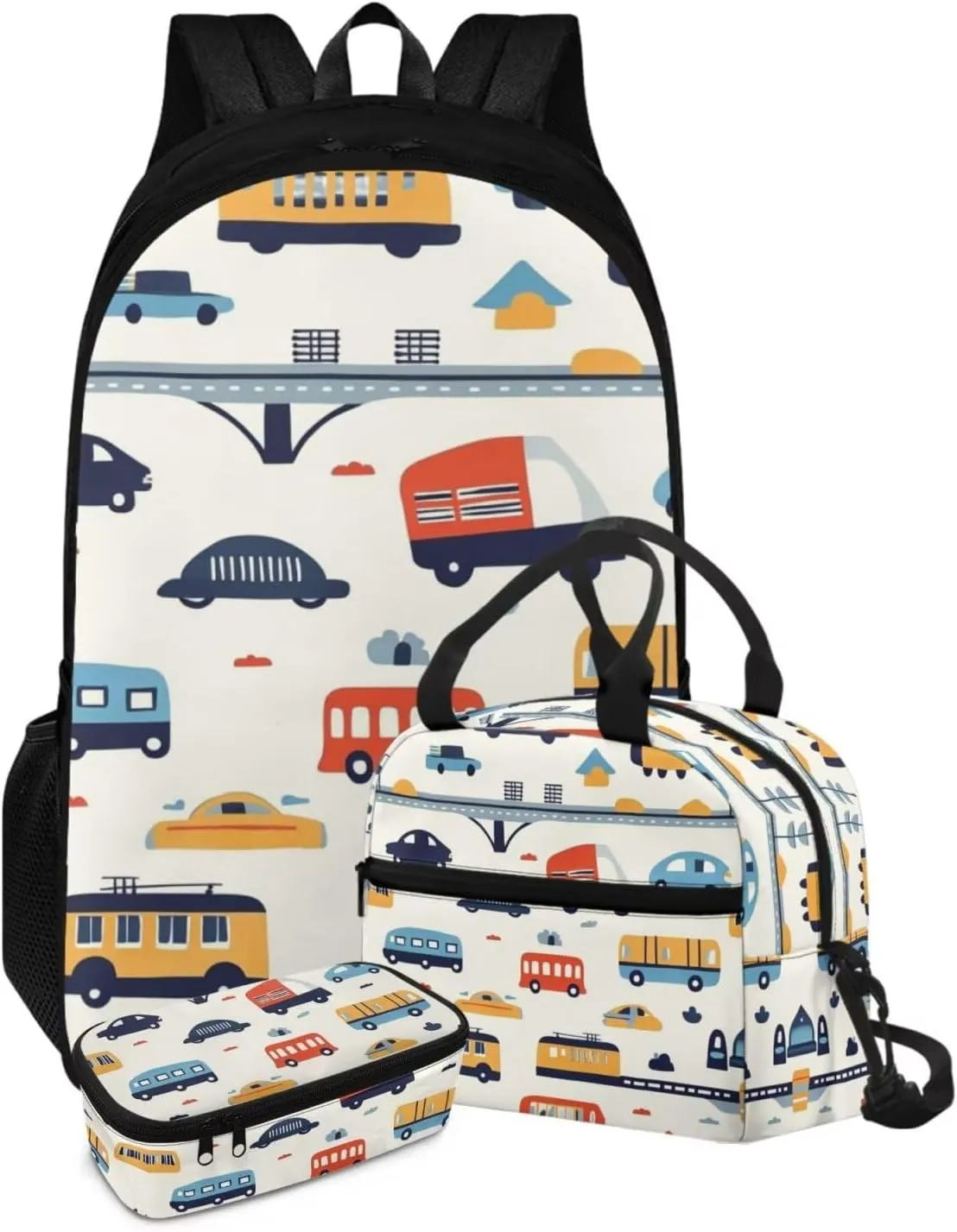 Cars Backpack for Toddler Boys Lightweight 17 Inch Boys Bookbag Age 6-8 with Lunch Box 3 in 1 Practical Trendy Pencil Case with Zipper Casual Travel Daypack
