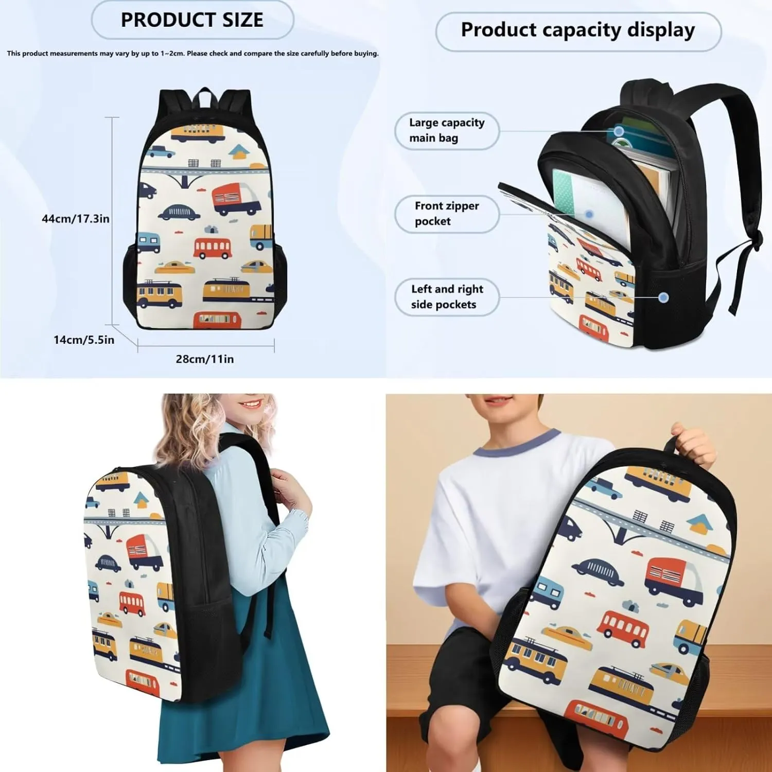 Cars Backpack for Toddler Boys Lightweight 17 Inch Boys Bookbag Age 6-8 with Lunch Box 3 in 1 Practical Trendy Pencil Case with Zipper Casual Travel Daypack
