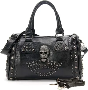 Chikencall Women Skull Tote Handbag PU Washed Leather Gothic Studded Rivet Purse Ladies Halloween Christmas Shoulder Bag