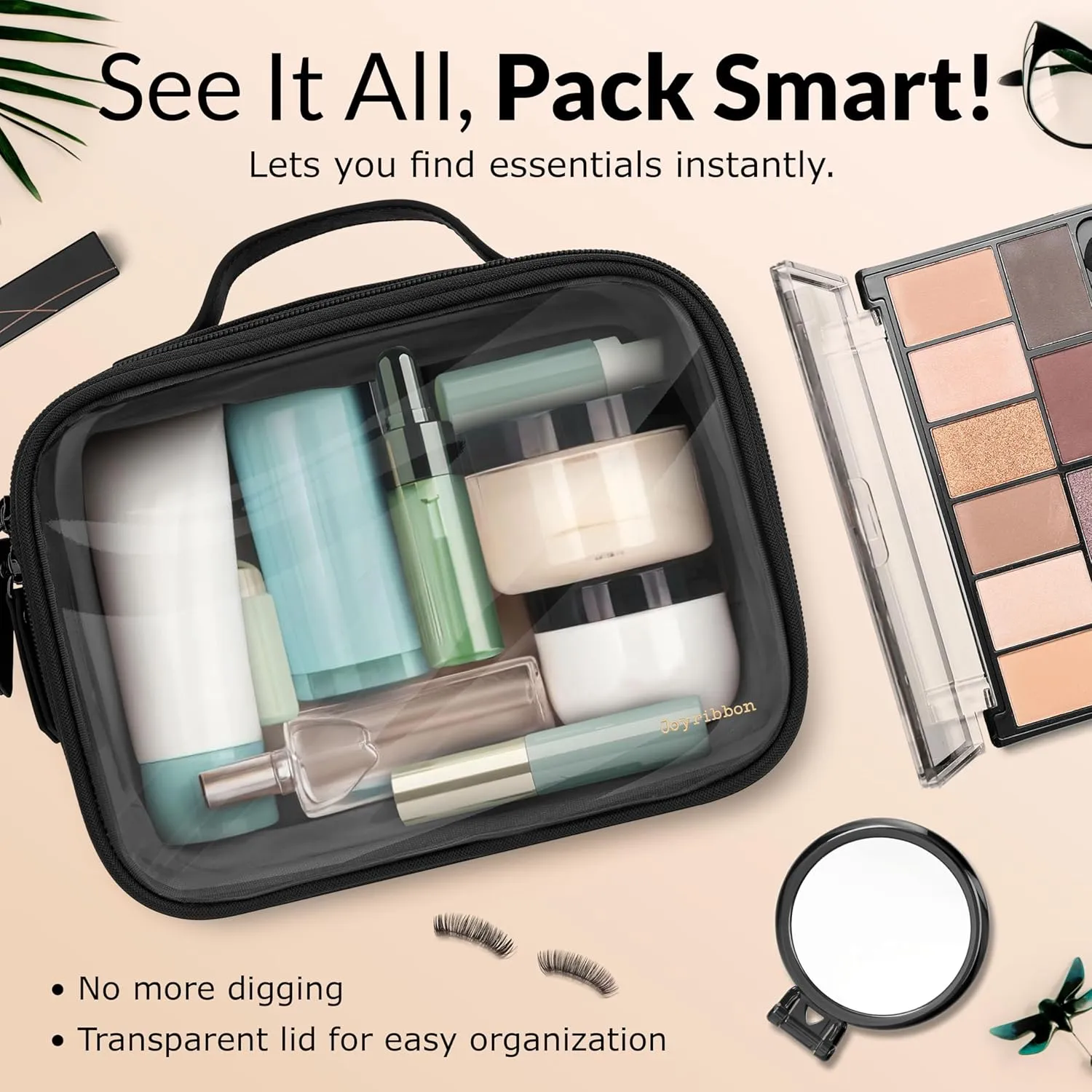 Clear Makeup Bag Set - Premium Quality Travel Cosmetic Bag w/Clear Transparent Front - 3pcs Gift for Travelers - Large & Small Makeup Bags & Portable Mirror in a Beautiful Gift Box, Black