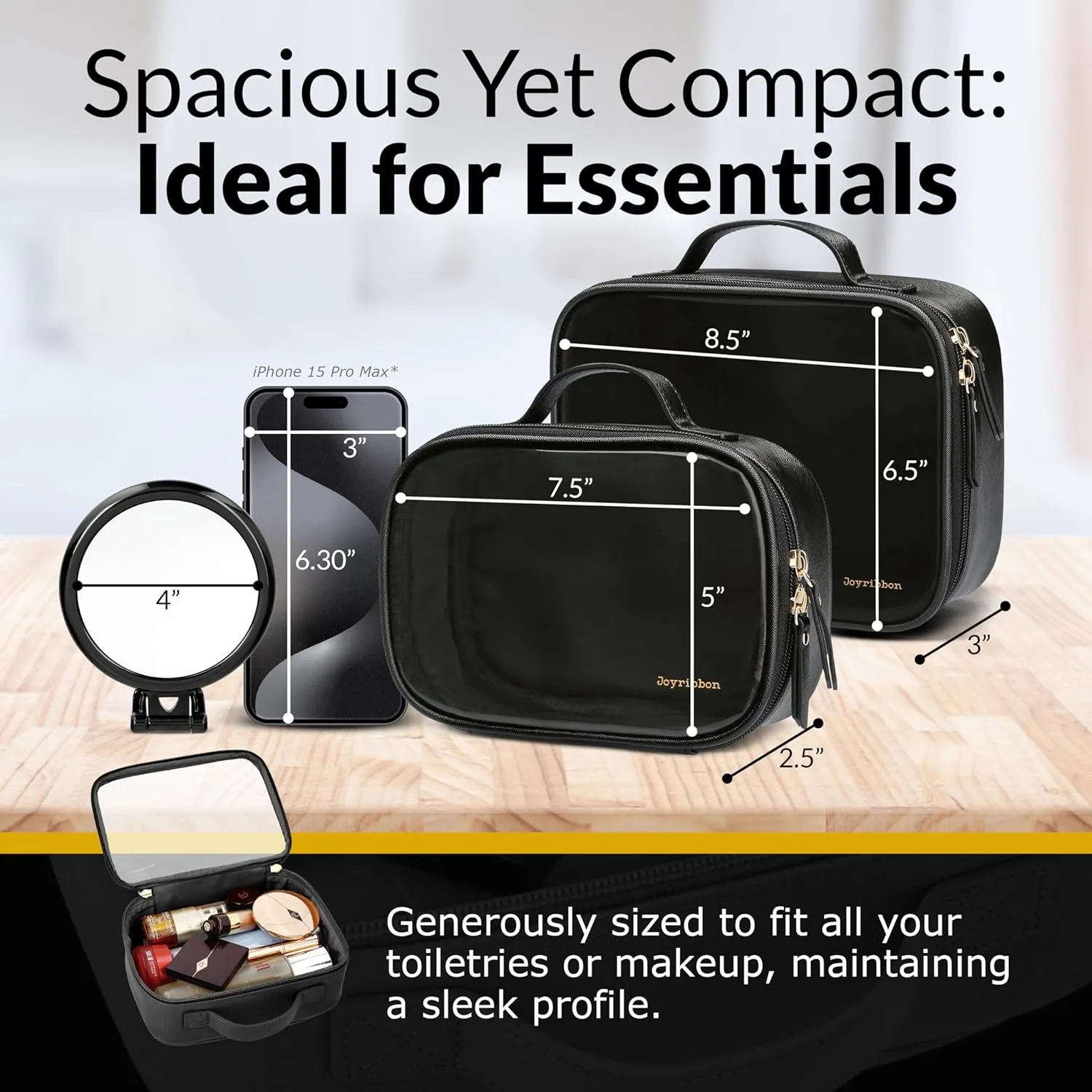 Clear Makeup Bag Set - Premium Quality Travel Cosmetic Bag w/Clear Transparent Front - 3pcs Gift for Travelers - Large & Small Makeup Bags & Portable Mirror in a Beautiful Gift Box, Black