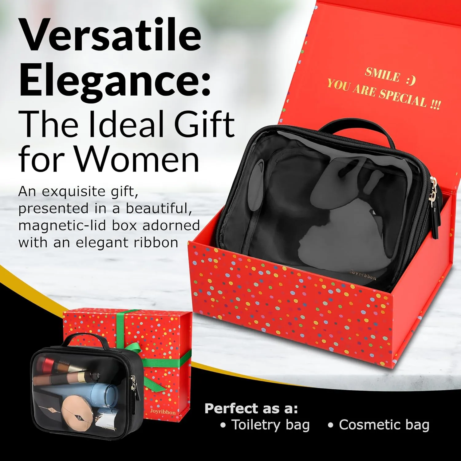 Clear Makeup Bag Set - Premium Quality Travel Cosmetic Bag w/Clear Transparent Front - 3pcs Gift for Travelers - Large & Small Makeup Bags & Portable Mirror in a Beautiful Gift Box, Black