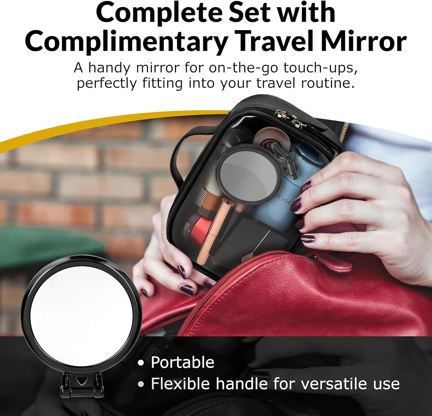 Clear Makeup Bag Set - Premium Quality Travel Cosmetic Bag w/Clear Transparent Front - 3pcs Gift for Travelers - Large & Small Makeup Bags & Portable Mirror in a Beautiful Gift Box, Black