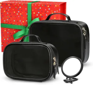 Clear Makeup Bag Set - Premium Quality Travel Cosmetic Bag w/Clear Transparent Front - 3pcs Gift for Travelers - Large & Small Makeup Bags & Portable Mirror in a Beautiful Gift Box, Black