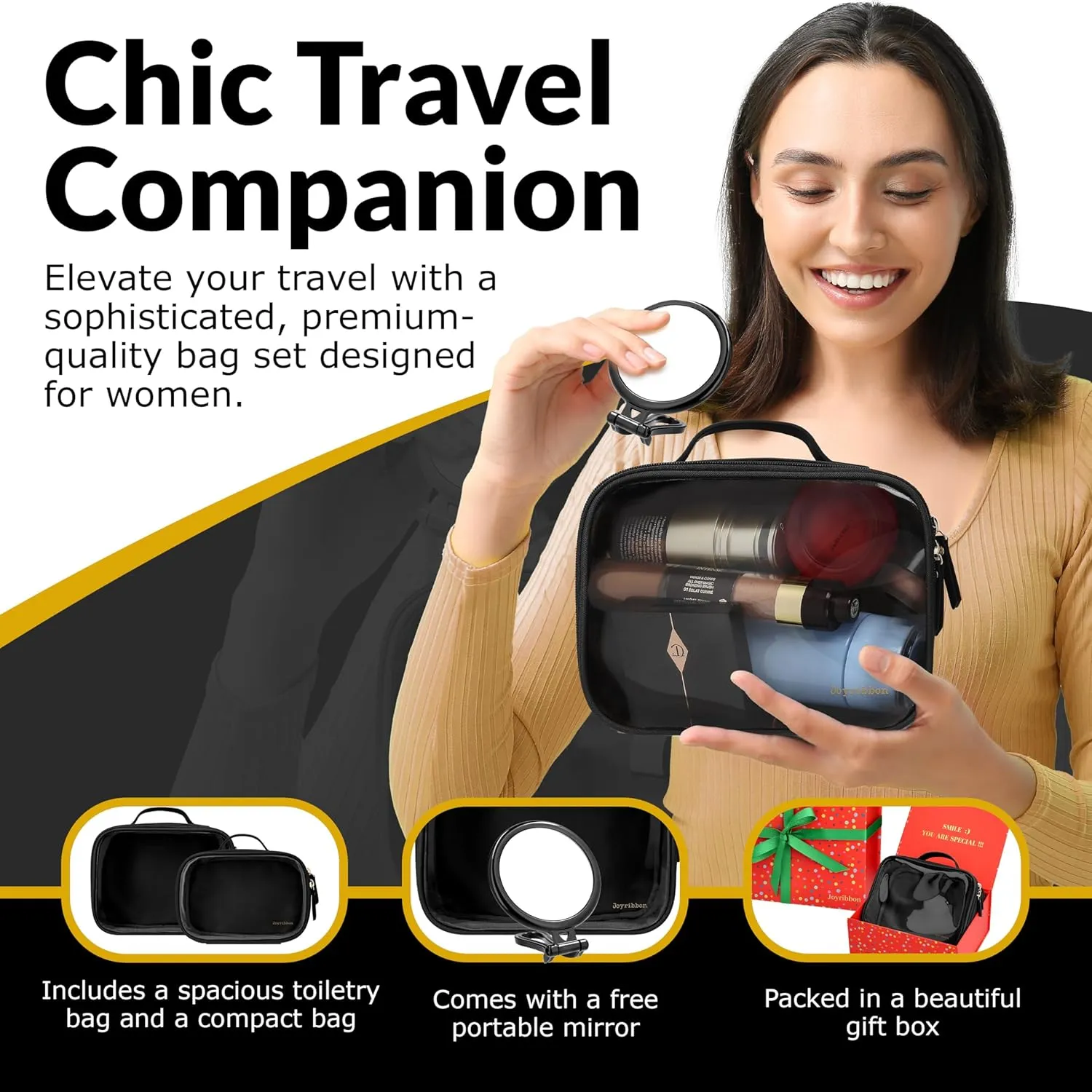 Clear Makeup Bag Set - Premium Quality Travel Cosmetic Bag w/Clear Transparent Front - 3pcs Gift for Travelers - Large & Small Makeup Bags & Portable Mirror in a Beautiful Gift Box, Black