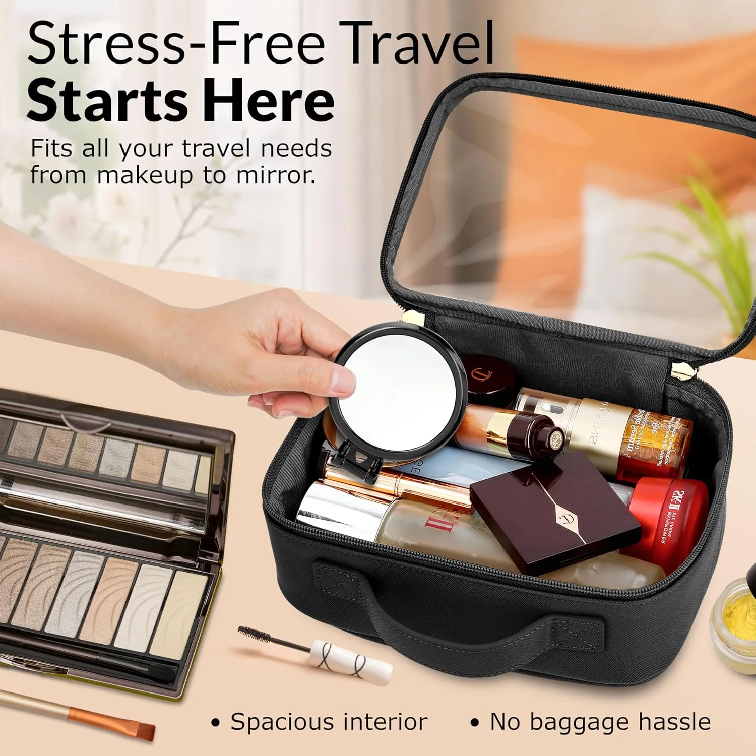 Clear Makeup Bag Set - Premium Quality Travel Cosmetic Bag w/Clear Transparent Front - 3pcs Gift for Travelers - Large & Small Makeup Bags & Portable Mirror in a Beautiful Gift Box, Black