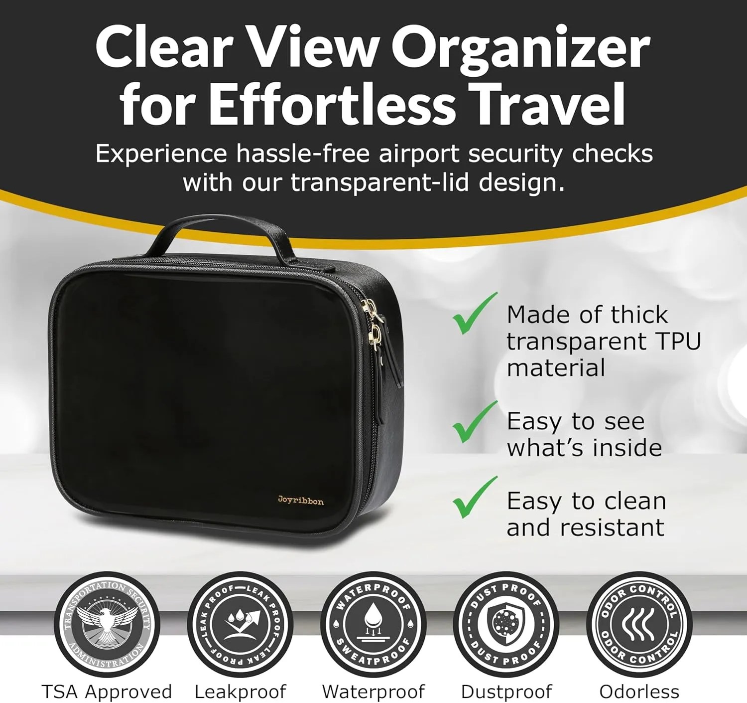 Clear Makeup Bag Set - Premium Quality Travel Cosmetic Bag w/Clear Transparent Front - 3pcs Gift for Travelers - Large & Small Makeup Bags & Portable Mirror in a Beautiful Gift Box, Black