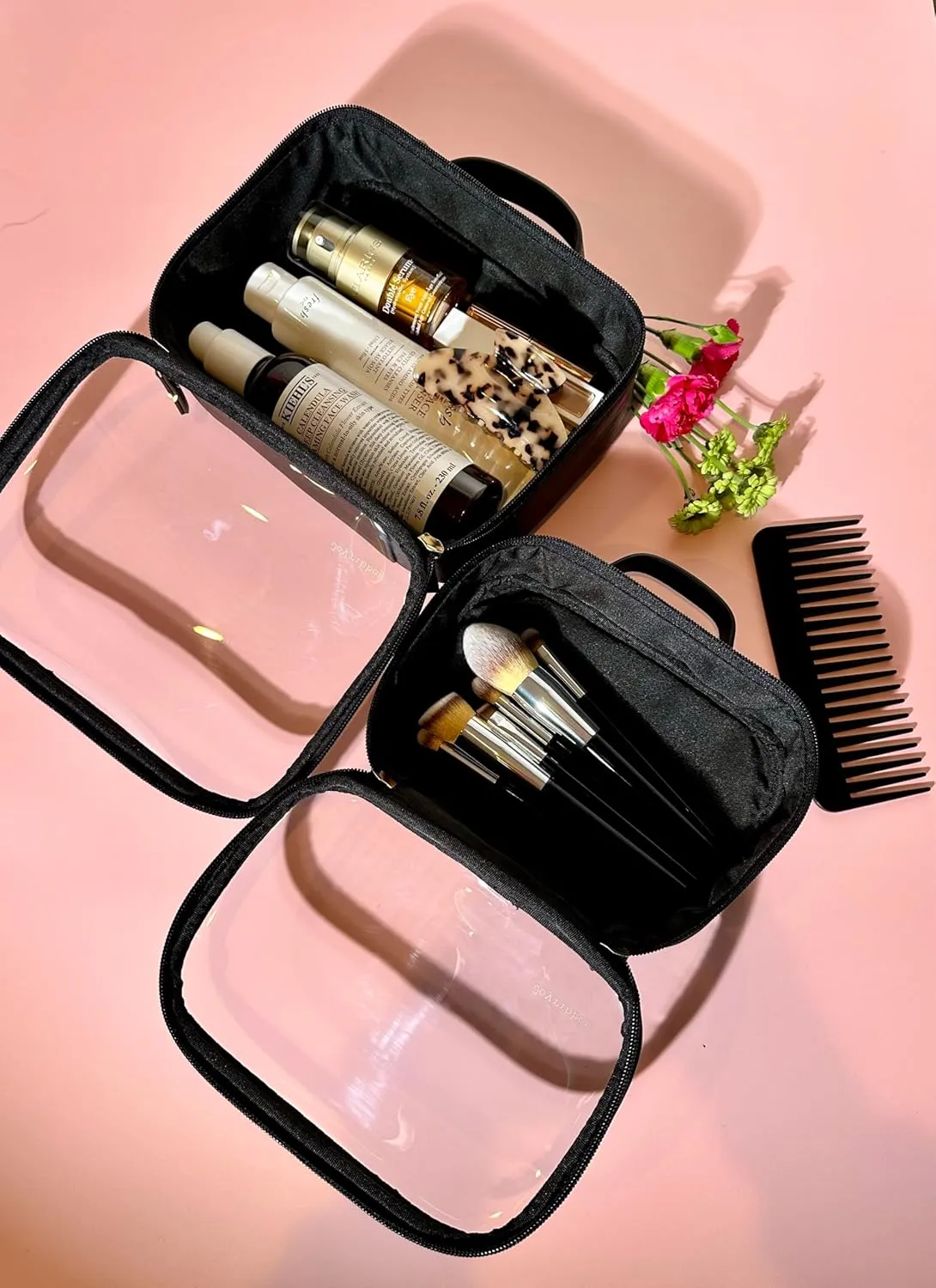 Clear Makeup Bag Set - Premium Quality Travel Cosmetic Bag w/Clear Transparent Front - 3pcs Gift for Travelers - Large & Small Makeup Bags & Portable Mirror in a Beautiful Gift Box, Black