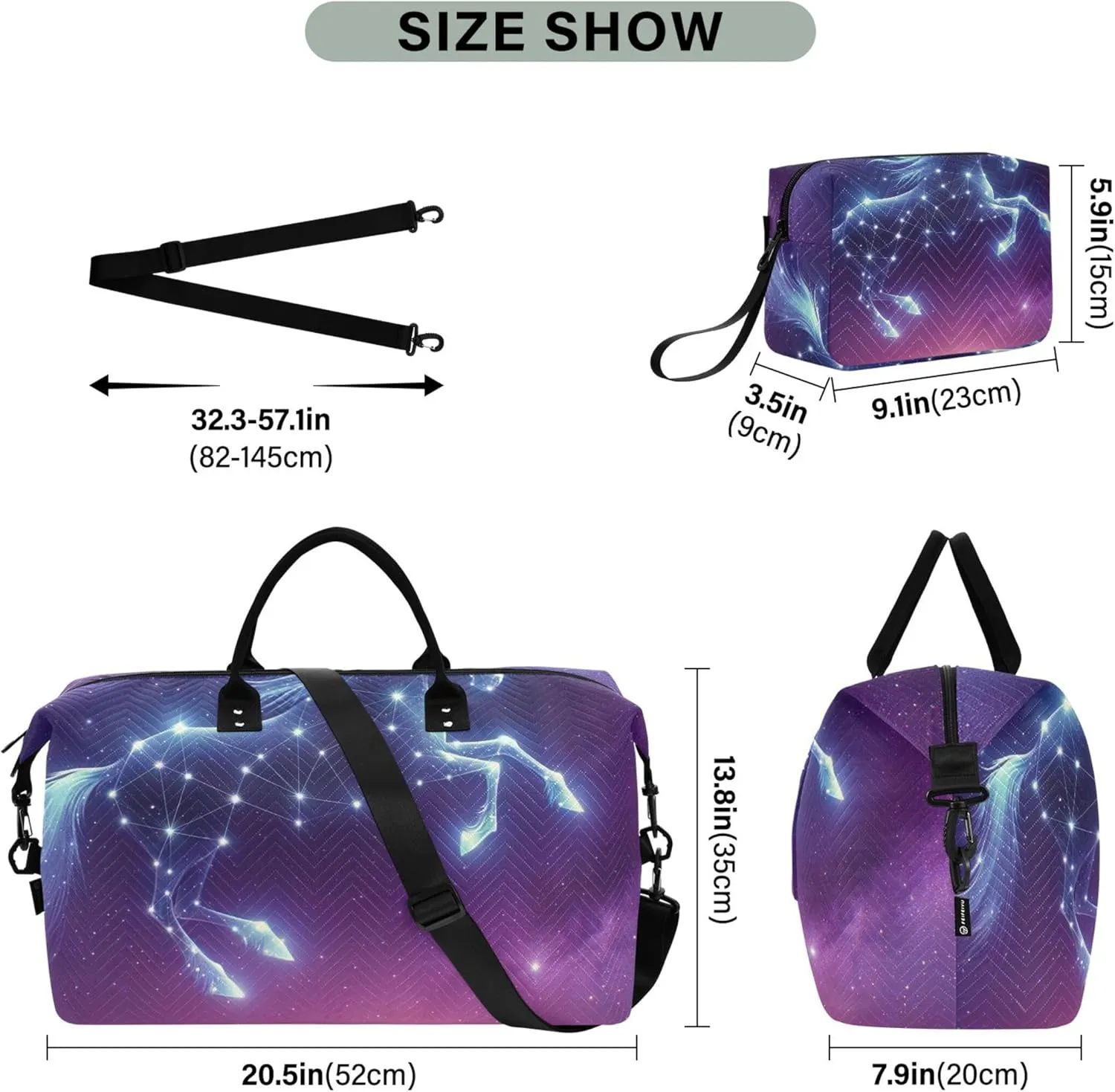 Constellation Unicorn Space Travel Duffle Bags Cosmetic Bags Set of 2, Cute Gym Tote Carry on Bags for Airplanes