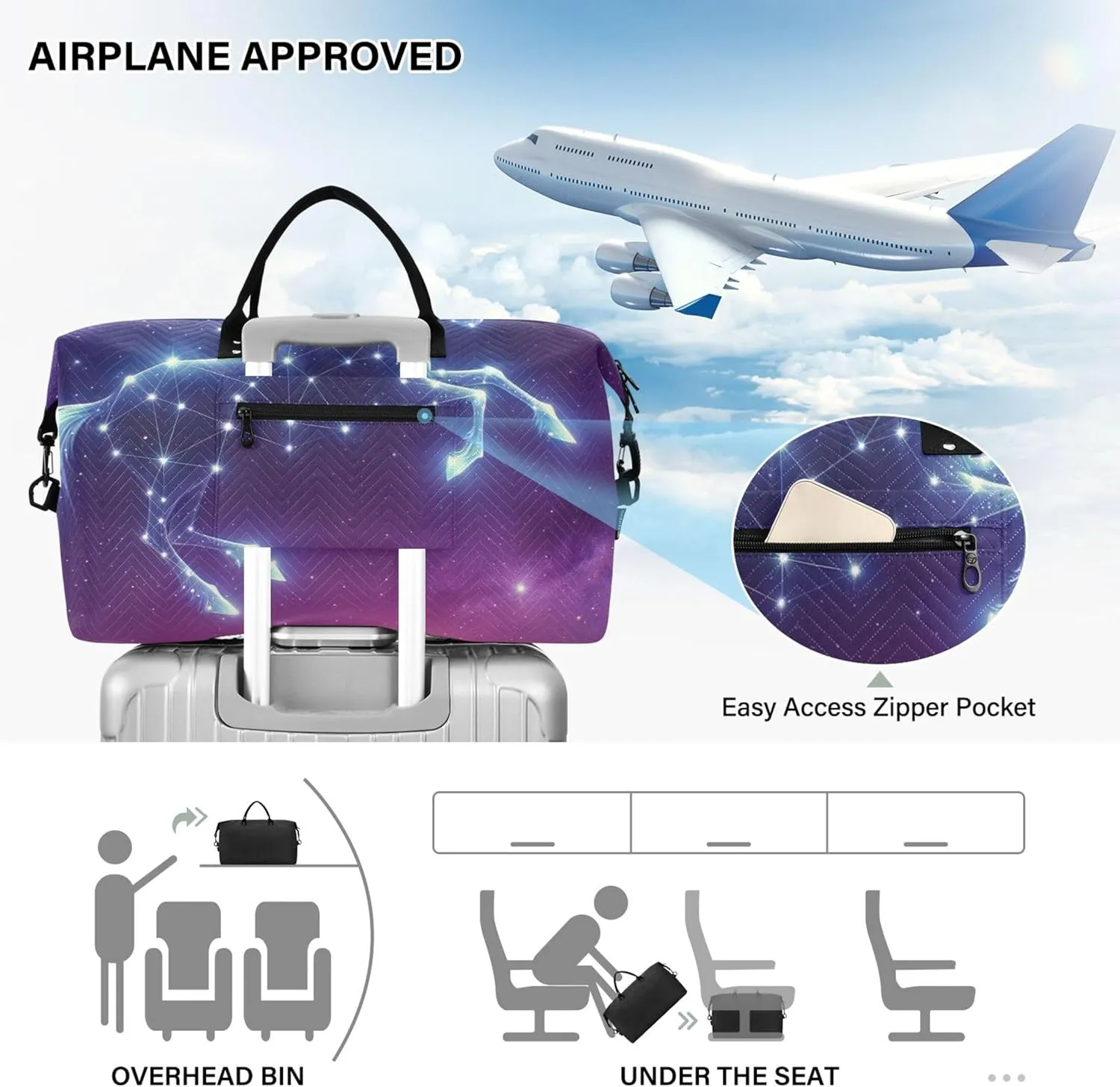 Constellation Unicorn Space Travel Duffle Bags Cosmetic Bags Set of 2, Cute Gym Tote Carry on Bags for Airplanes