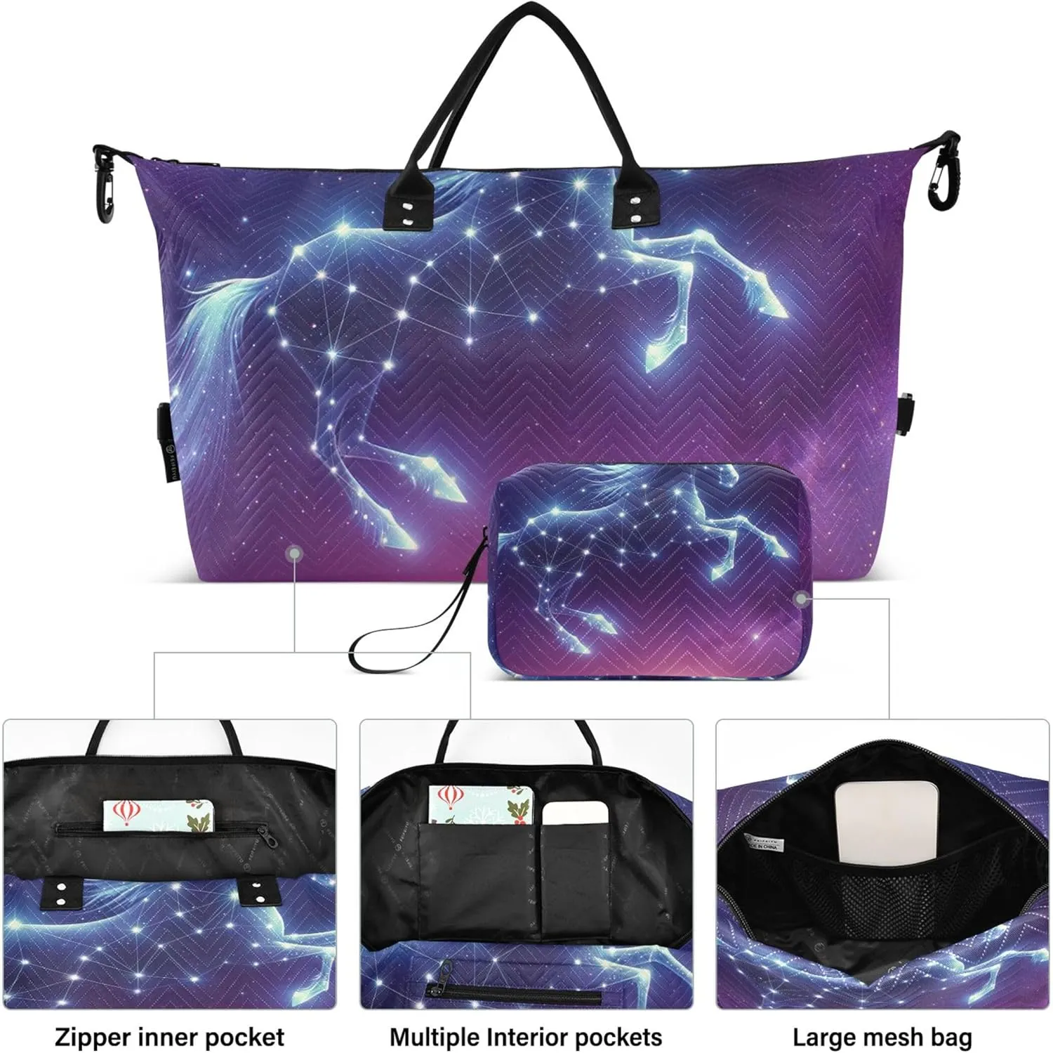 Constellation Unicorn Space Travel Duffle Bags Cosmetic Bags Set of 2, Cute Gym Tote Carry on Bags for Airplanes