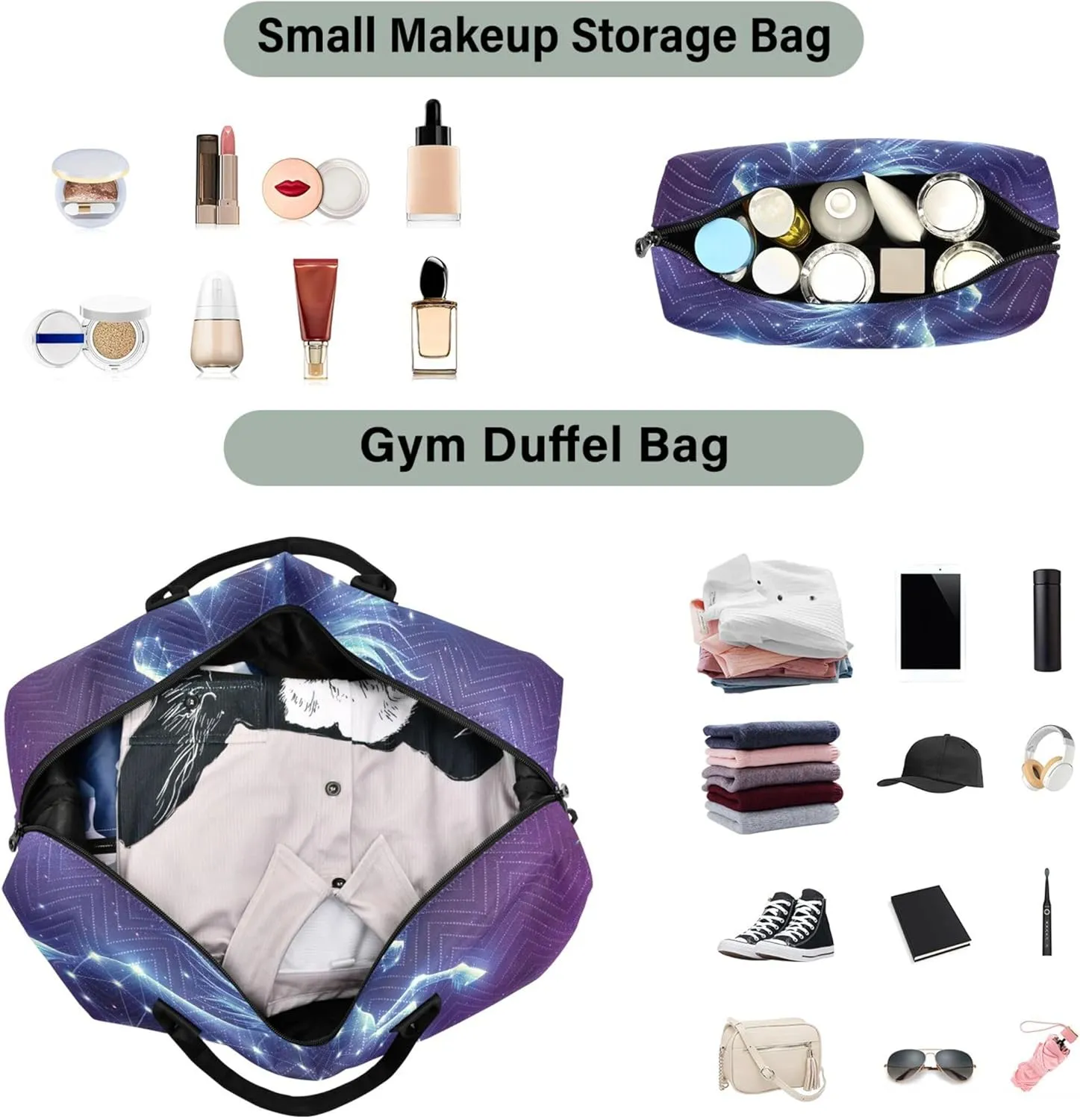 Constellation Unicorn Space Travel Duffle Bags Cosmetic Bags Set of 2, Cute Gym Tote Carry on Bags for Airplanes