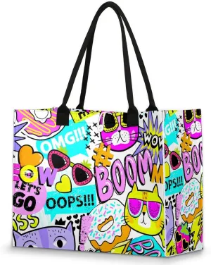 Cool Cat Boom Tote Bag for Women Reusable Grocery Bags Large Beach Bag Tote Bag for Work Shopping Travel Gym