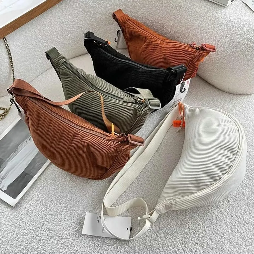 Corduroy Canvas Crossbody Bag for Women Retro Lightweight Shoulder Tote Handbag Hobo Dumpling Purse Satchels