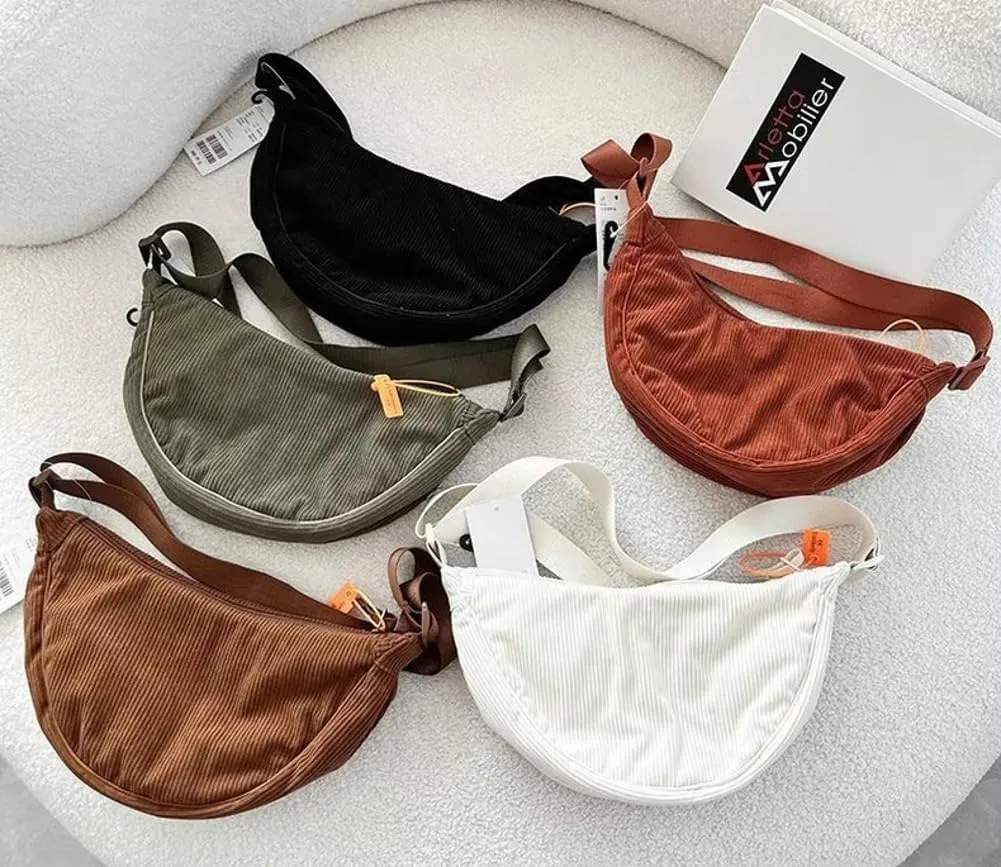 Corduroy Canvas Crossbody Bag for Women Retro Lightweight Shoulder Tote Handbag Hobo Dumpling Purse Satchels