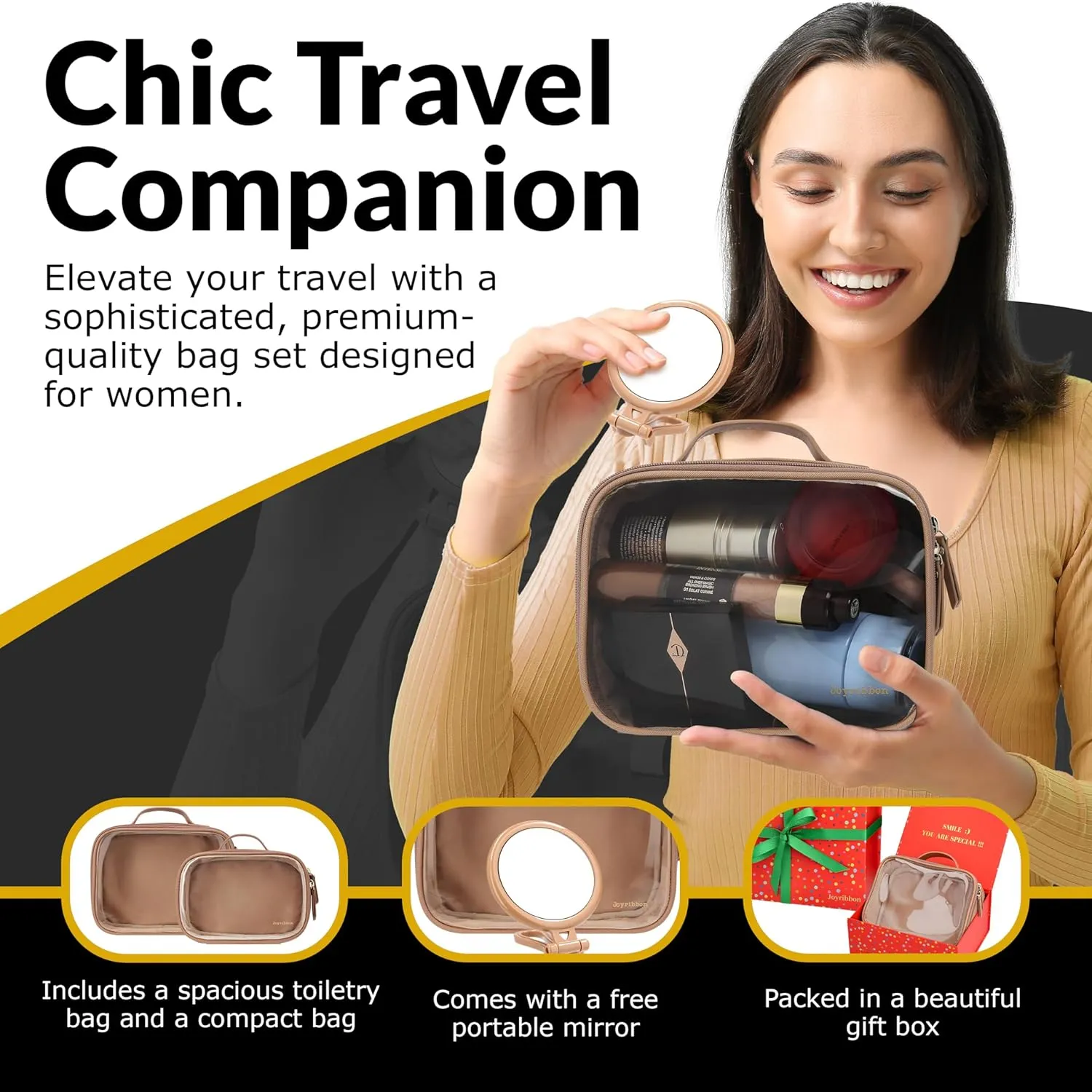 Cosmetic Bag Set - Premium Quality Travel Makeup Bag w/Clear Transparent Front, Best Gift for Travel - 3pcs Gift Set, Large & Small Makeup Bags & Portable Mirror in a Beautiful Gift Box (Nude)