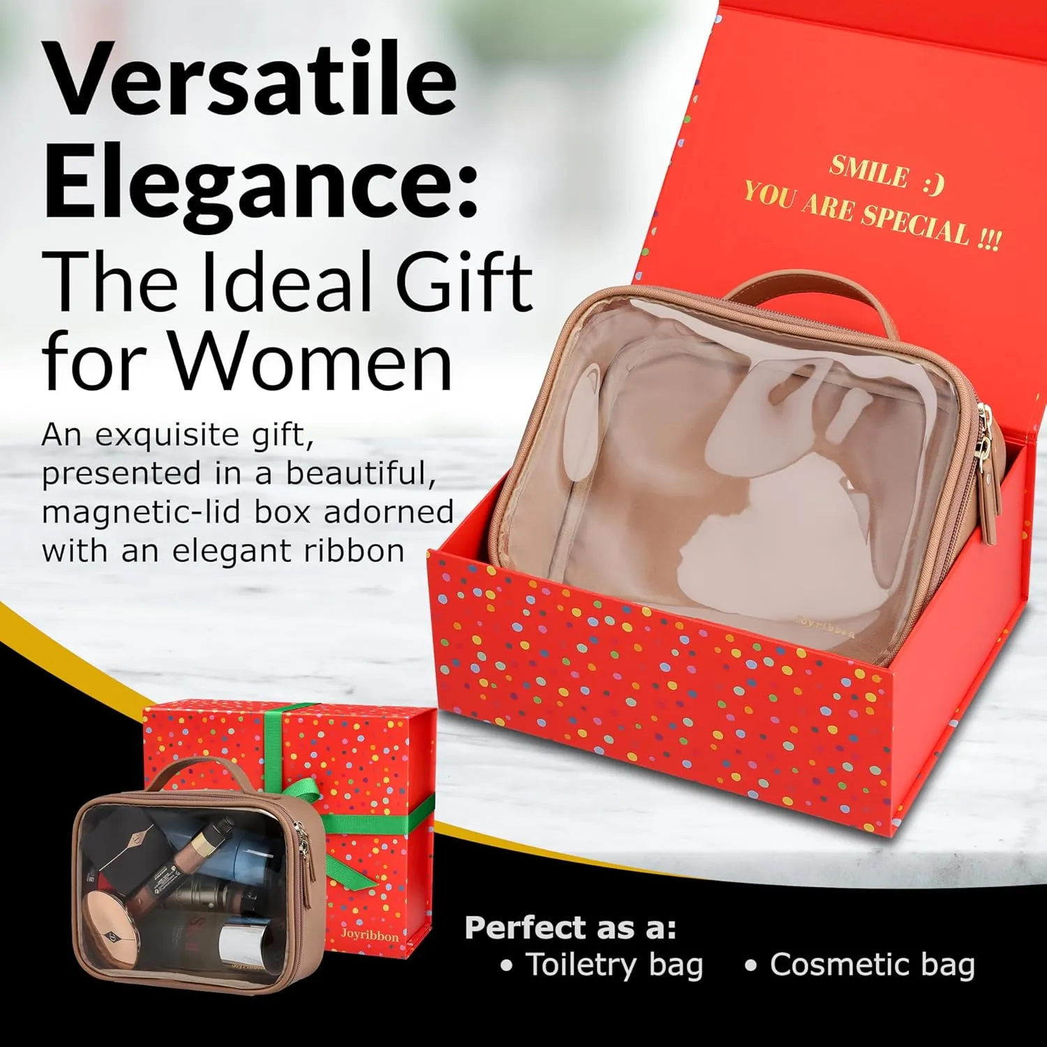 Cosmetic Bag Set - Premium Quality Travel Makeup Bag w/Clear Transparent Front, Best Gift for Travel - 3pcs Gift Set, Large & Small Makeup Bags & Portable Mirror in a Beautiful Gift Box (Nude)