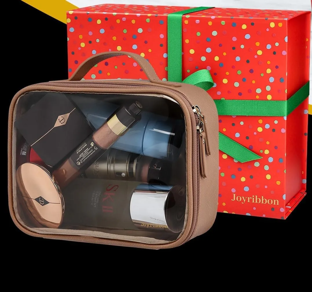 Cosmetic Bag Set - Premium Quality Travel Makeup Bag w/Clear Transparent Front, Best Gift for Travel - 3pcs Gift Set, Large & Small Makeup Bags & Portable Mirror in a Beautiful Gift Box (Nude)