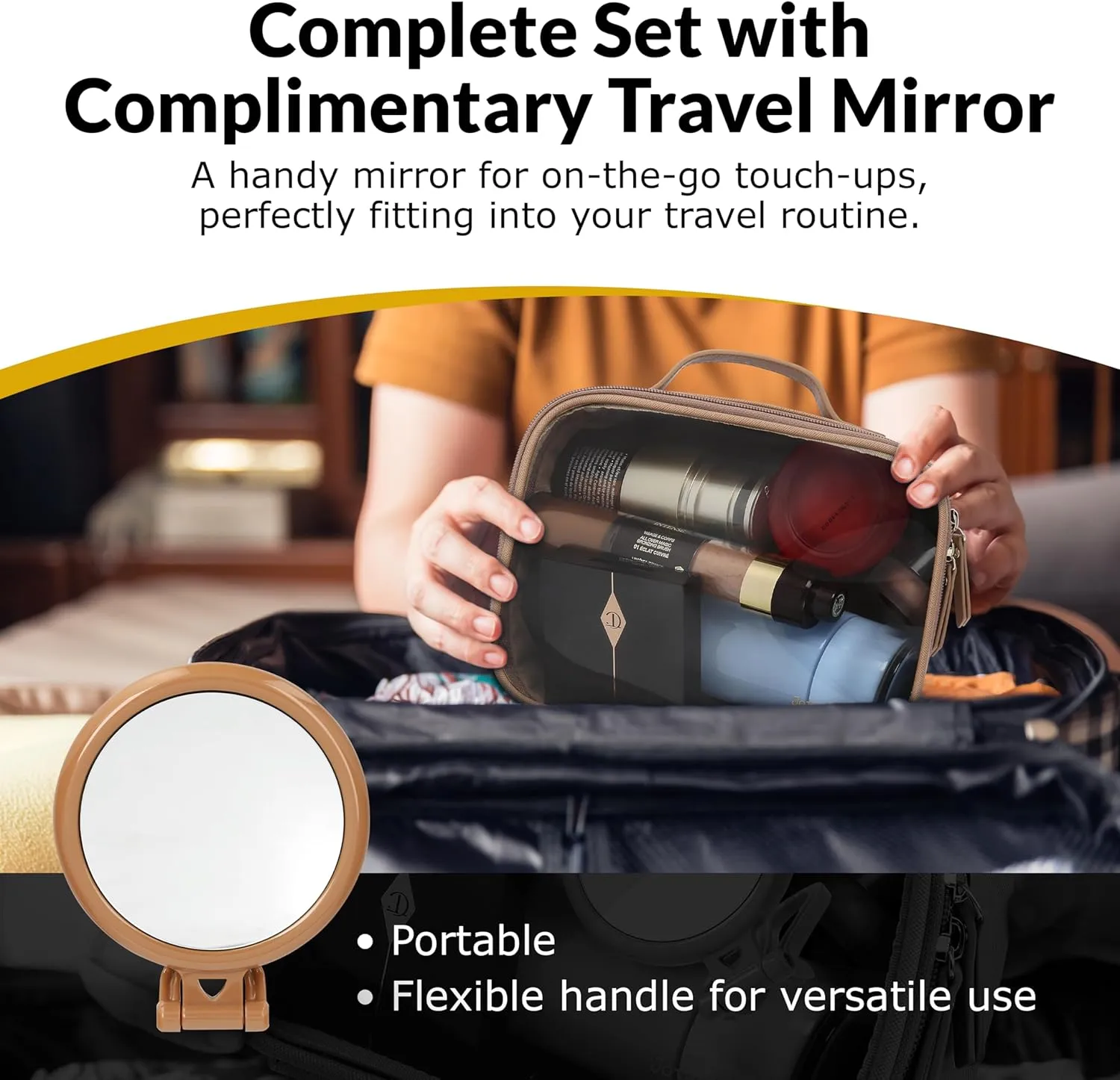 Cosmetic Bag Set - Premium Quality Travel Makeup Bag w/Clear Transparent Front, Best Gift for Travel - 3pcs Gift Set, Large & Small Makeup Bags & Portable Mirror in a Beautiful Gift Box (Nude)