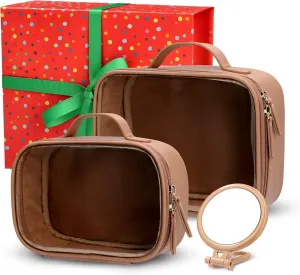 Cosmetic Bag Set - Premium Quality Travel Makeup Bag w/Clear Transparent Front, Best Gift for Travel - 3pcs Gift Set, Large & Small Makeup Bags & Portable Mirror in a Beautiful Gift Box (Nude)