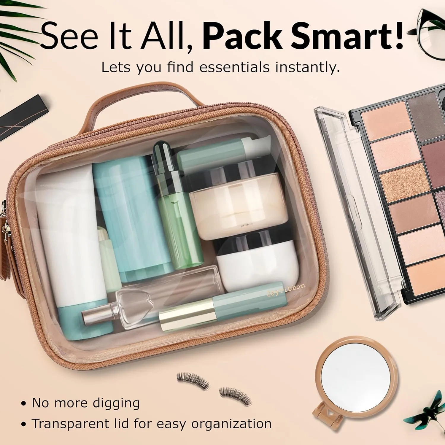 Cosmetic Bag Set - Premium Quality Travel Makeup Bag w/Clear Transparent Front, Best Gift for Travel - 3pcs Gift Set, Large & Small Makeup Bags & Portable Mirror in a Beautiful Gift Box (Nude)