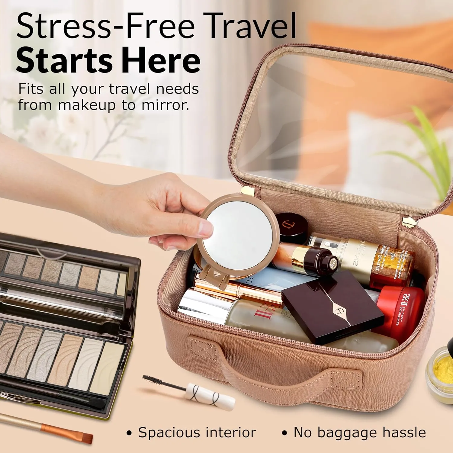 Cosmetic Bag Set - Premium Quality Travel Makeup Bag w/Clear Transparent Front, Best Gift for Travel - 3pcs Gift Set, Large & Small Makeup Bags & Portable Mirror in a Beautiful Gift Box (Nude)