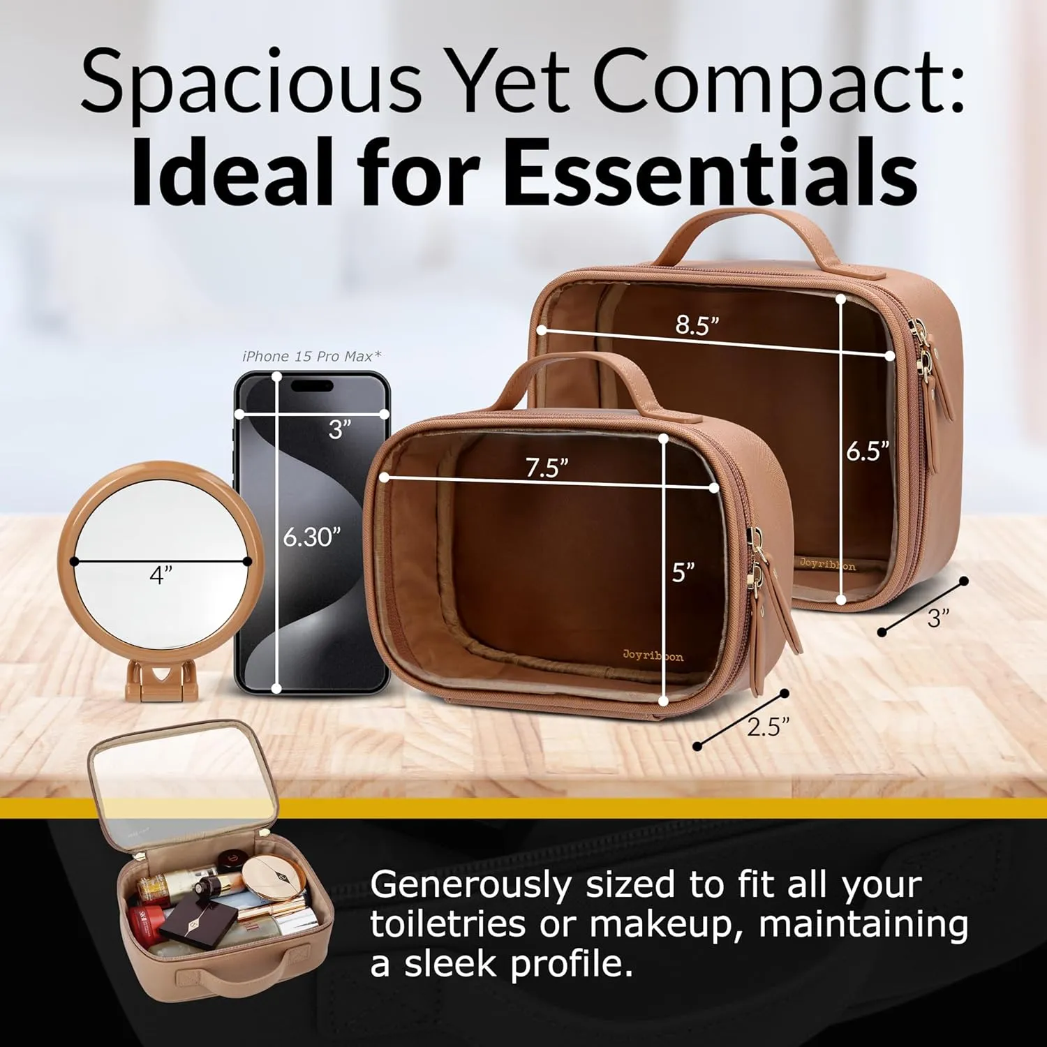 Cosmetic Bag Set - Premium Quality Travel Makeup Bag w/Clear Transparent Front, Best Gift for Travel - 3pcs Gift Set, Large & Small Makeup Bags & Portable Mirror in a Beautiful Gift Box (Nude)