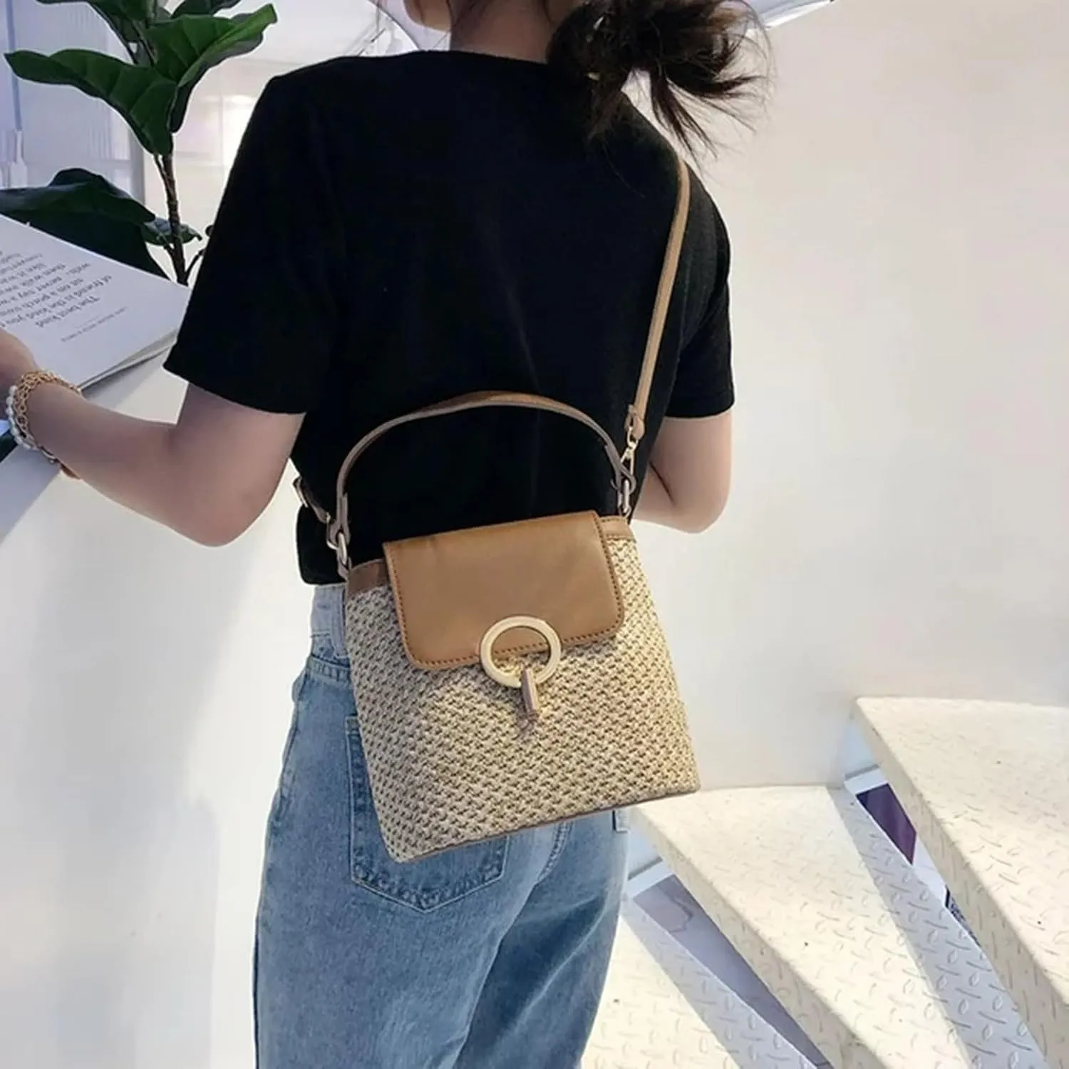 Cute Tote Bags Straw Weave Women Ladies Bucket Handbags Summer Beach Shoulder Bags