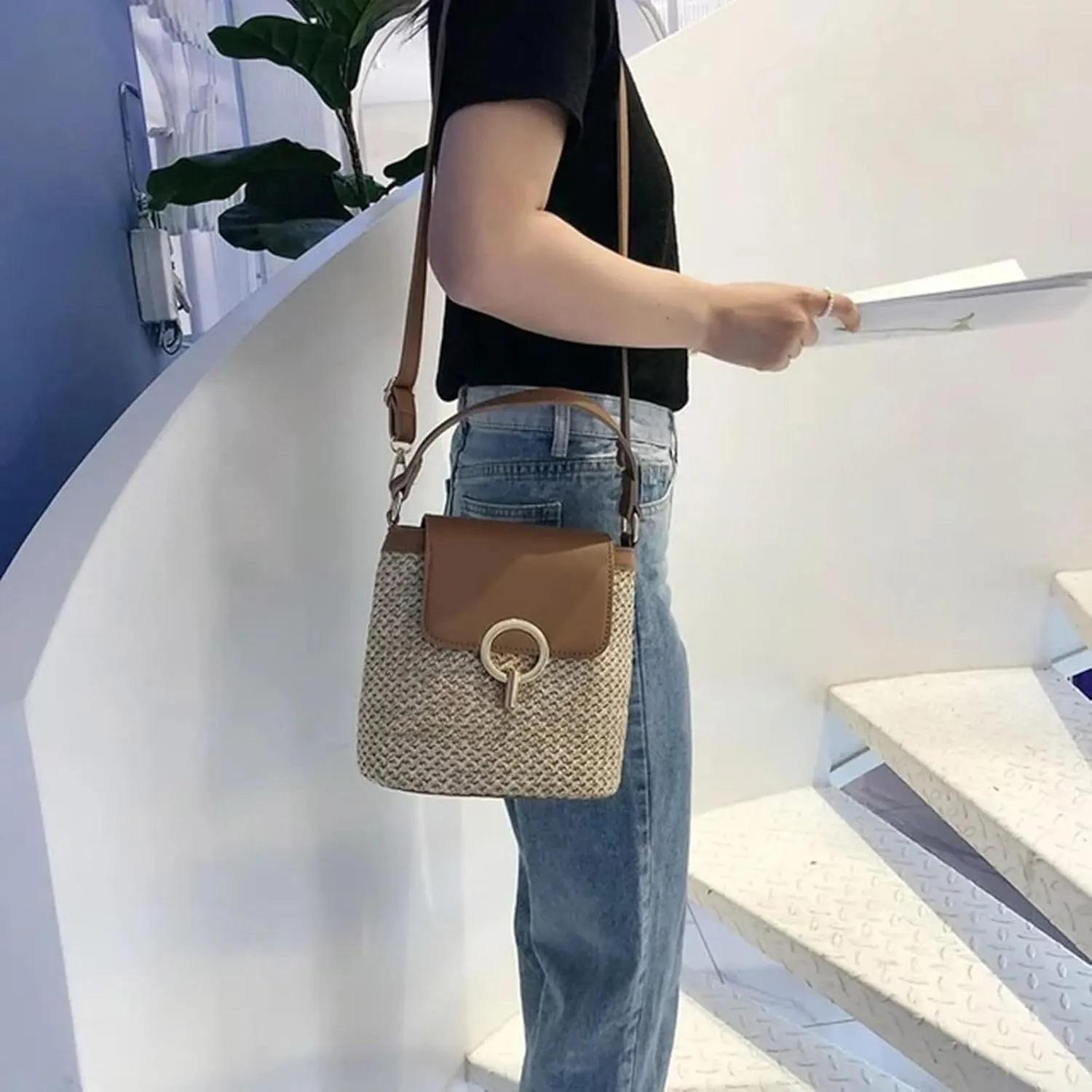 Cute Tote Bags Straw Weave Women Ladies Bucket Handbags Summer Beach Shoulder Bags