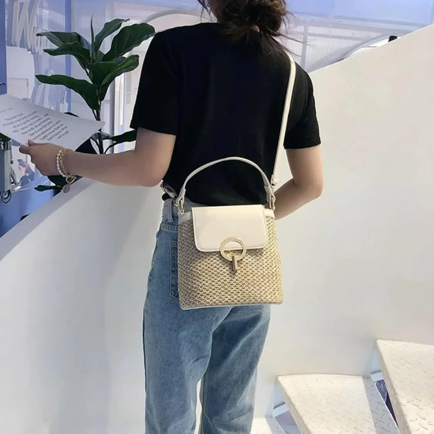 Cute Tote Bags Straw Weave Women Ladies Bucket Handbags Summer Beach Shoulder Bags