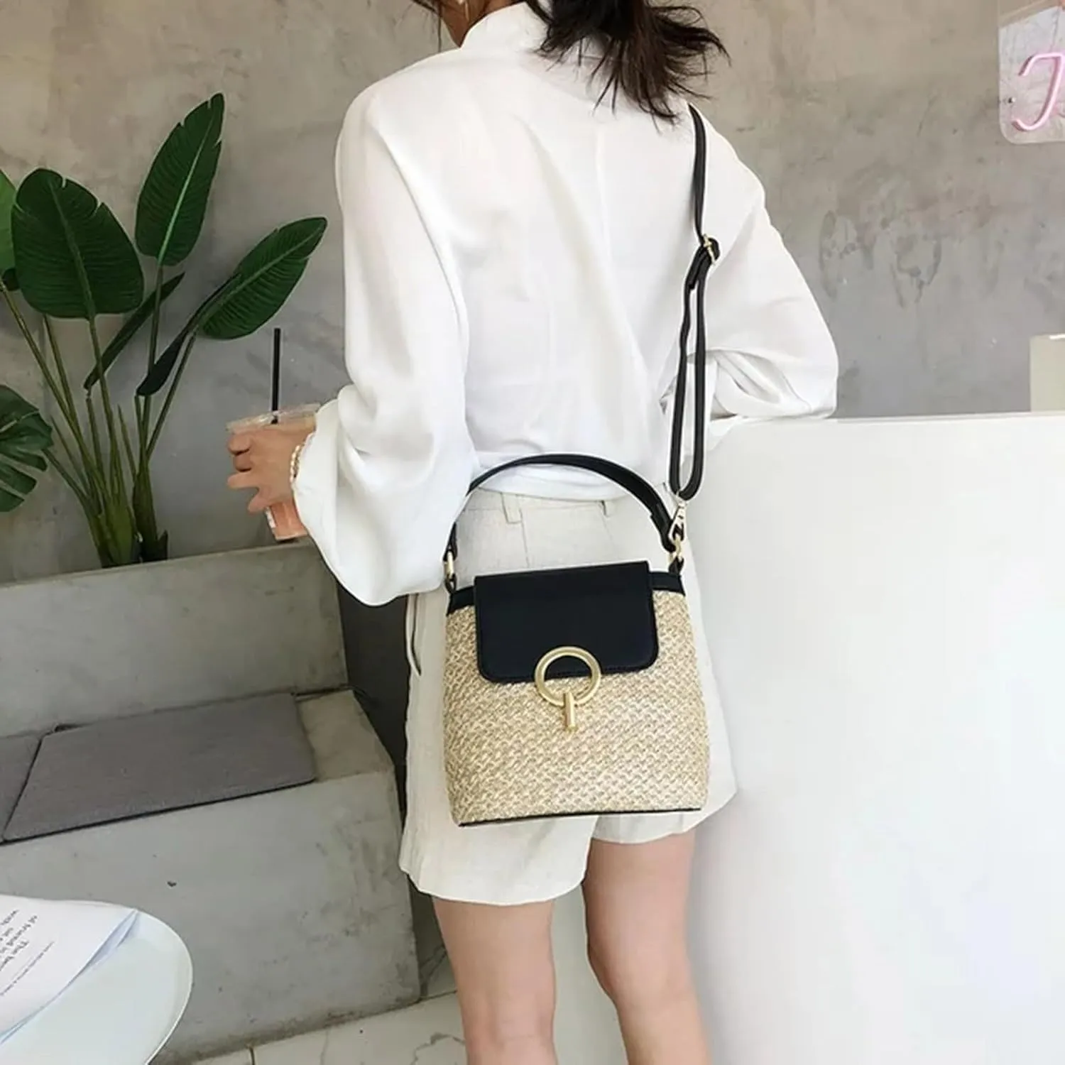 Cute Tote Bags Straw Weave Women Ladies Bucket Handbags Summer Beach Shoulder Bags