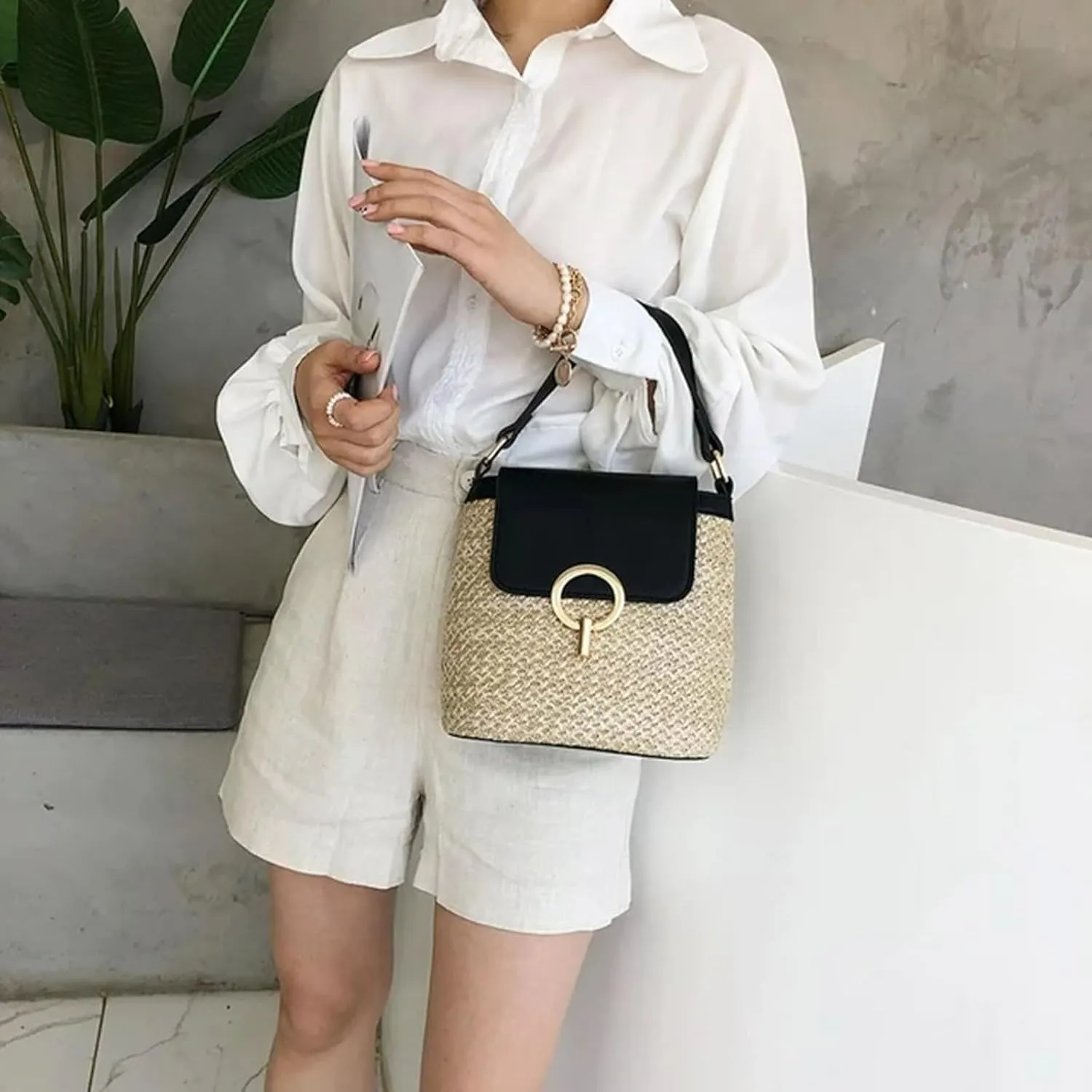 Cute Tote Bags Straw Weave Women Ladies Bucket Handbags Summer Beach Shoulder Bags