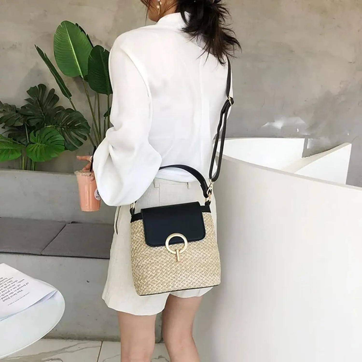 Cute Tote Bags Straw Weave Women Ladies Bucket Handbags Summer Beach Shoulder Bags