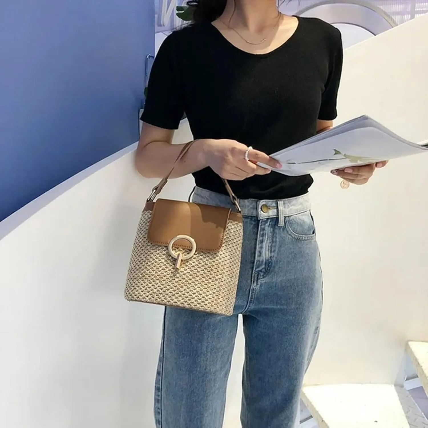 Cute Tote Bags Straw Weave Women Ladies Bucket Handbags Summer Beach Shoulder Bags