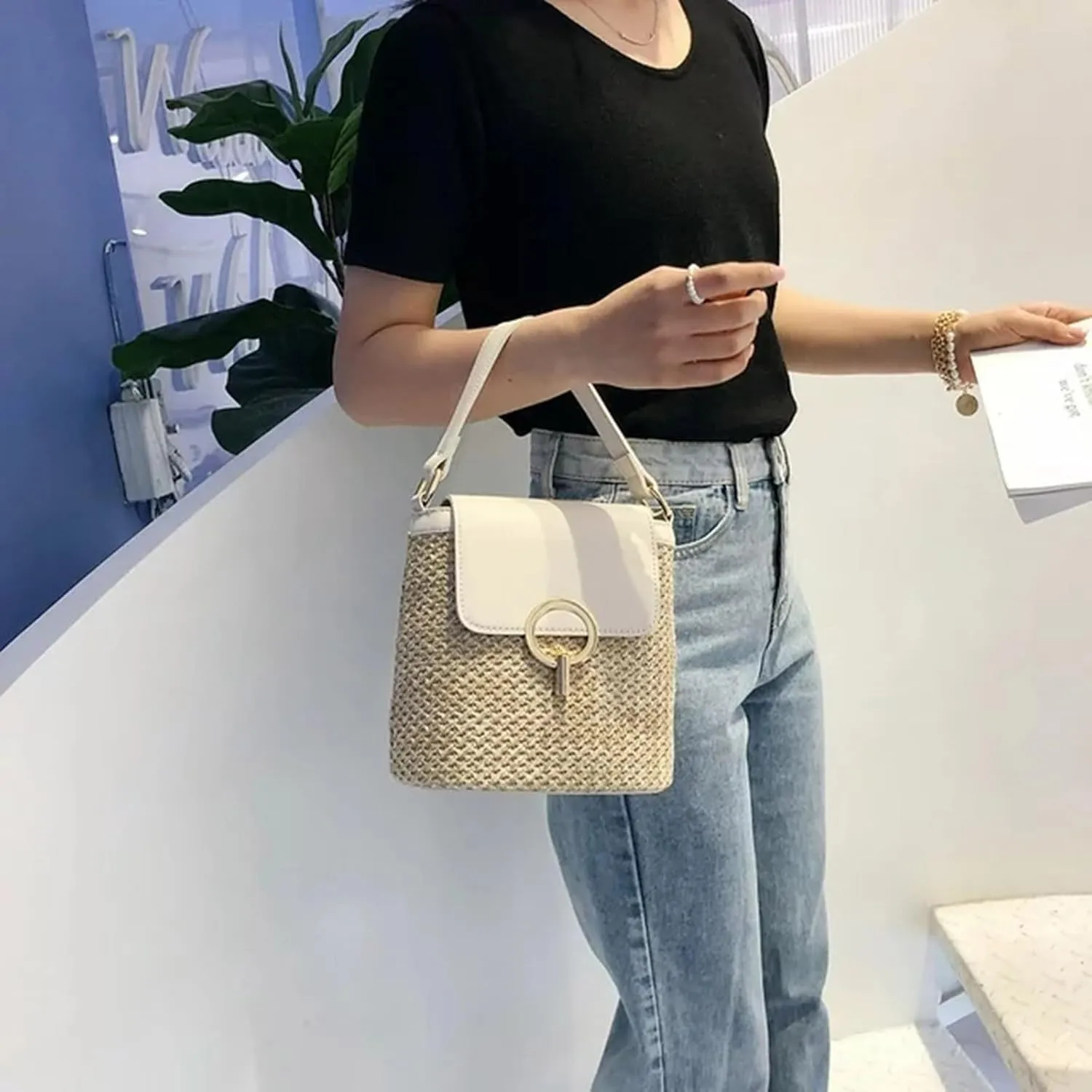 Cute Tote Bags Straw Weave Women Ladies Bucket Handbags Summer Beach Shoulder Bags