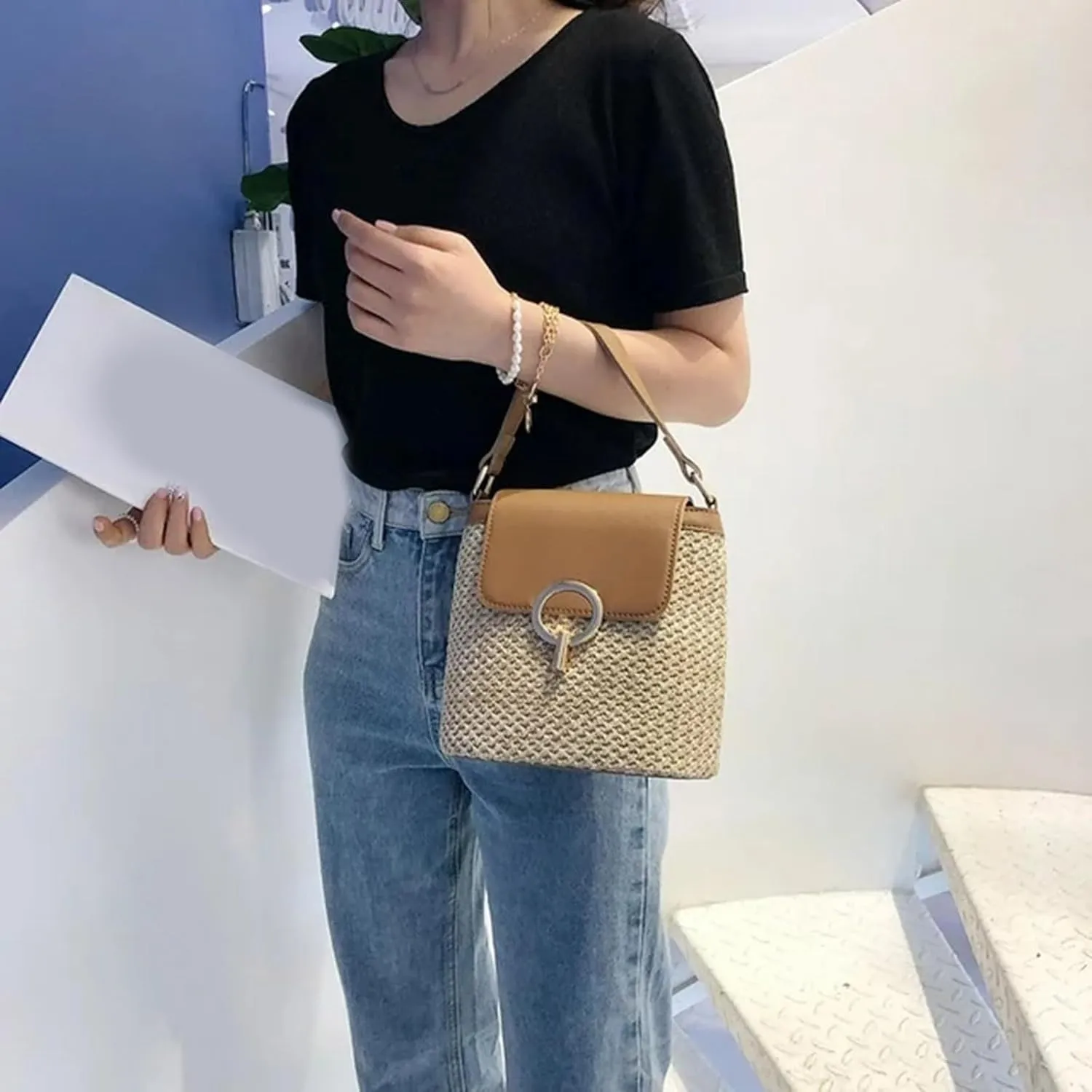 Cute Tote Bags Straw Weave Women Ladies Bucket Handbags Summer Beach Shoulder Bags