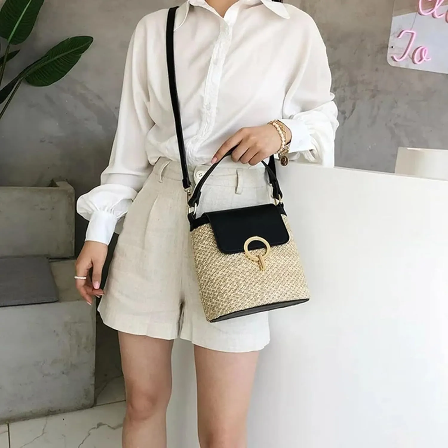 Cute Tote Bags Straw Weave Women Ladies Bucket Handbags Summer Beach Shoulder Bags