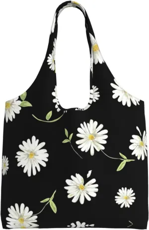 Daisy Print Canvas Tote Bags,Reusable Cloth Bags For Shopping Beach Grocery Trendy