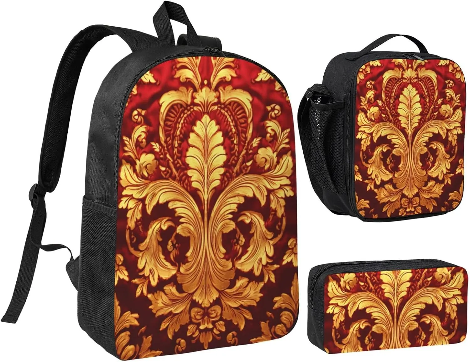 Damask Pattern print Backpack 3pcs Set Including 17 Inch Large BookBag With Lunch Bag And Practical Pen Bag