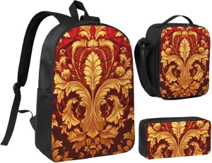 Damask Pattern print Backpack 3pcs Set Including 17 Inch Large BookBag With Lunch Bag And Practical Pen Bag